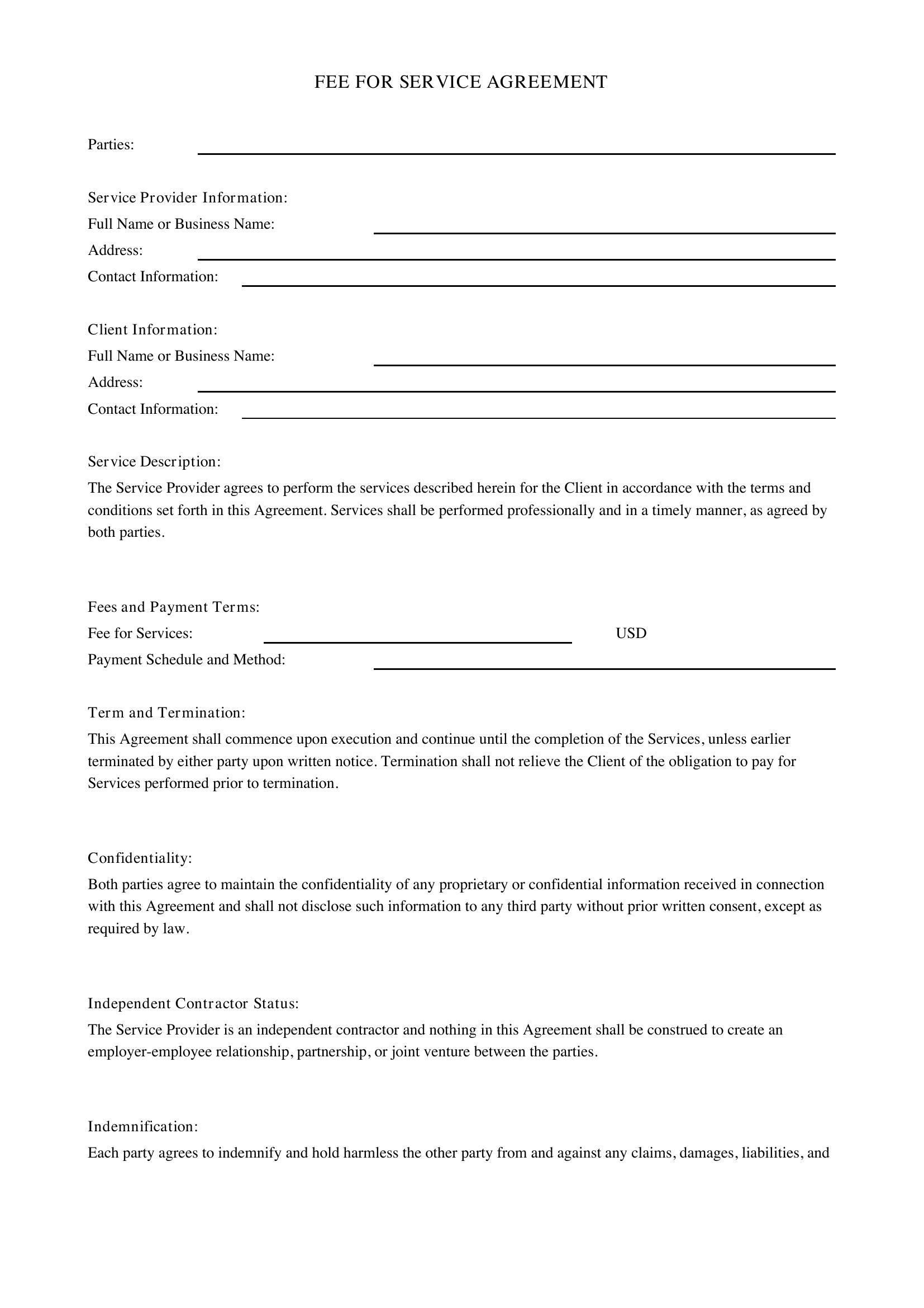 Fee For Service Contract Template - US