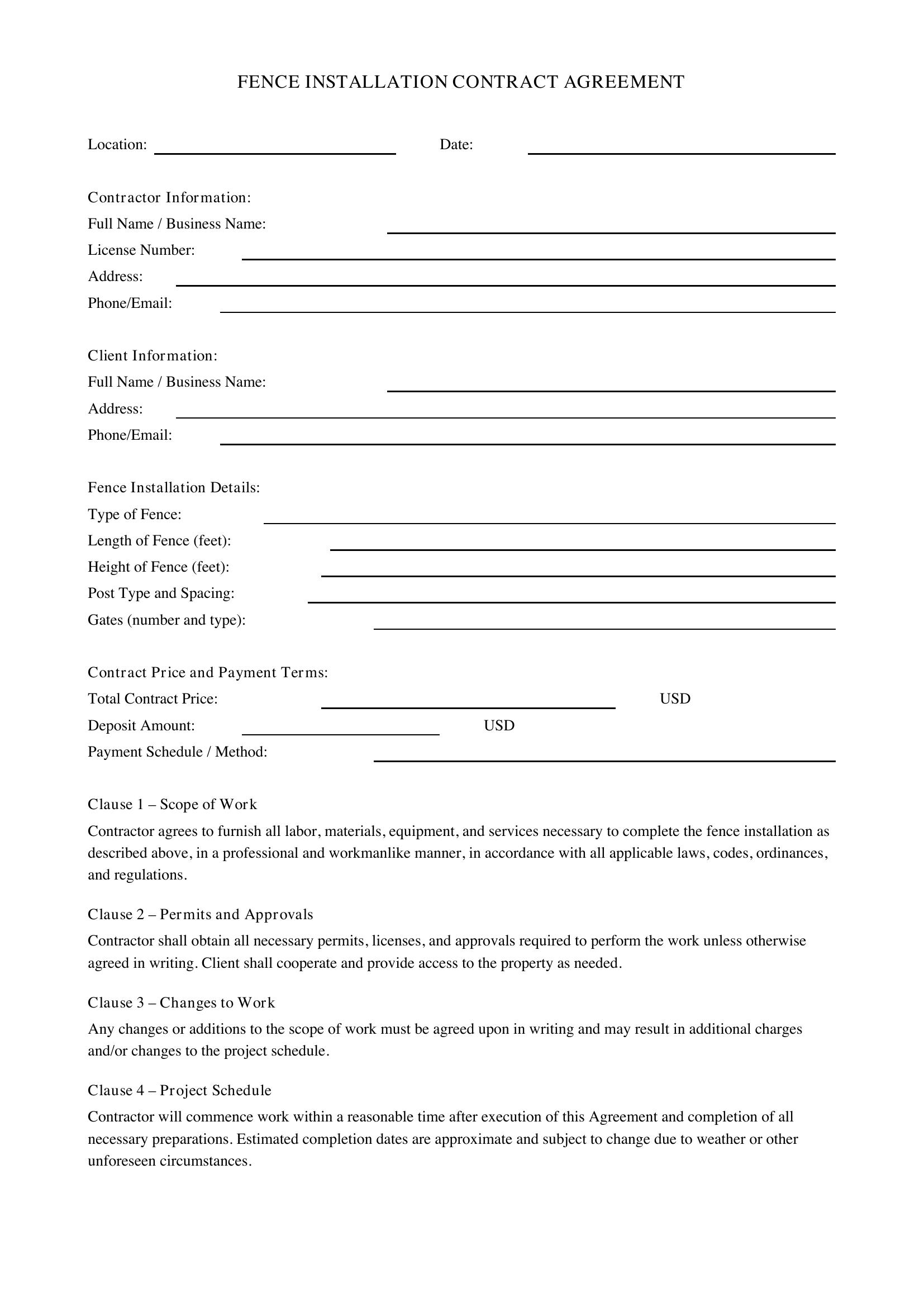 Fence Installation Contract Template - US