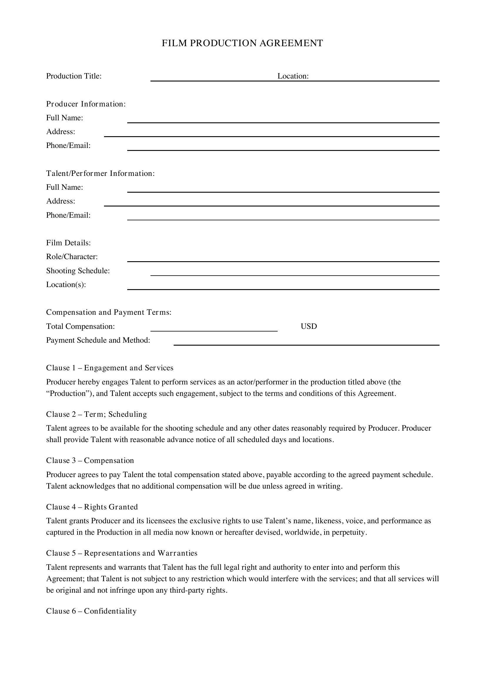 Film Contract Template - US