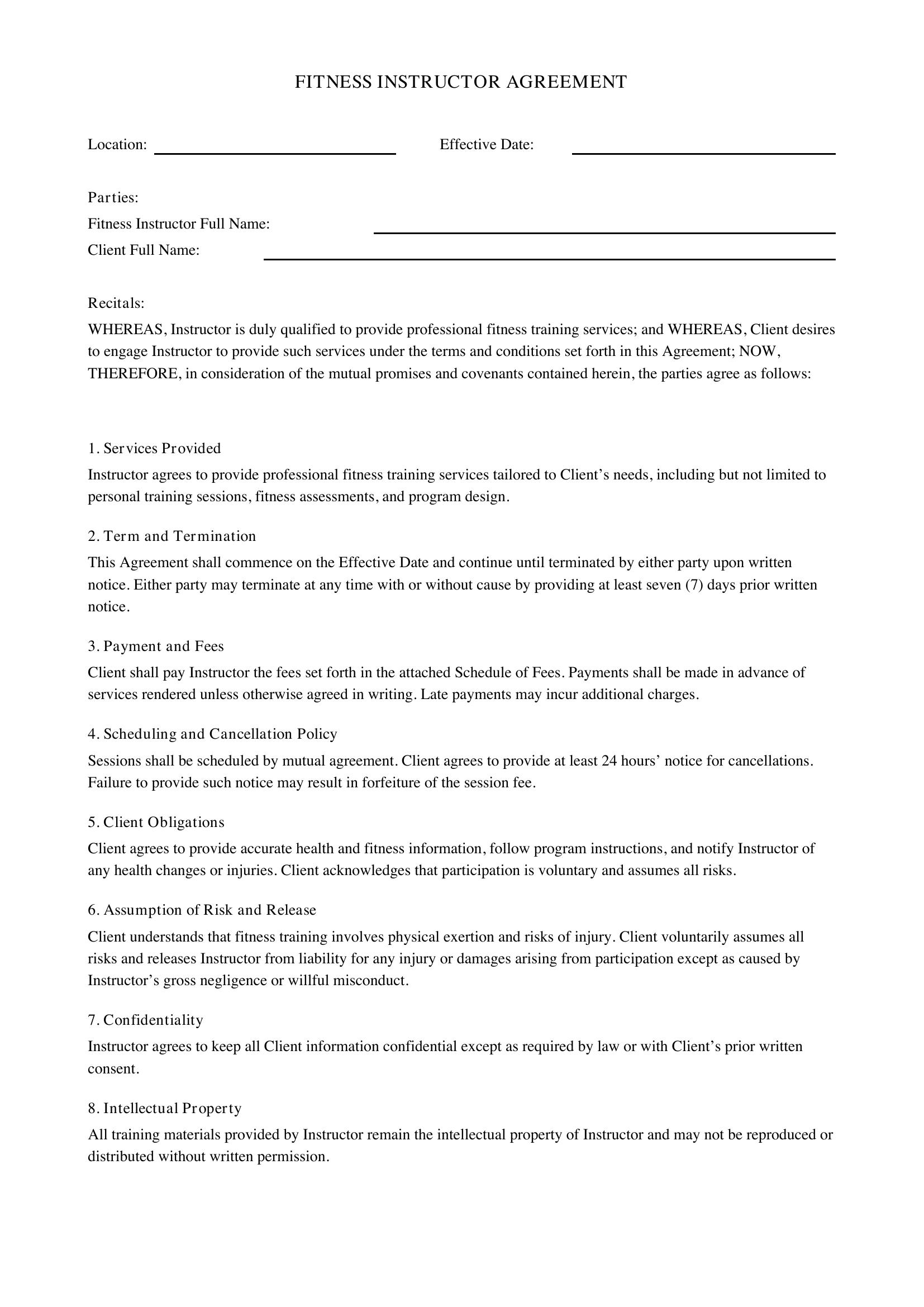 Fitness Instructor Contract Template - US