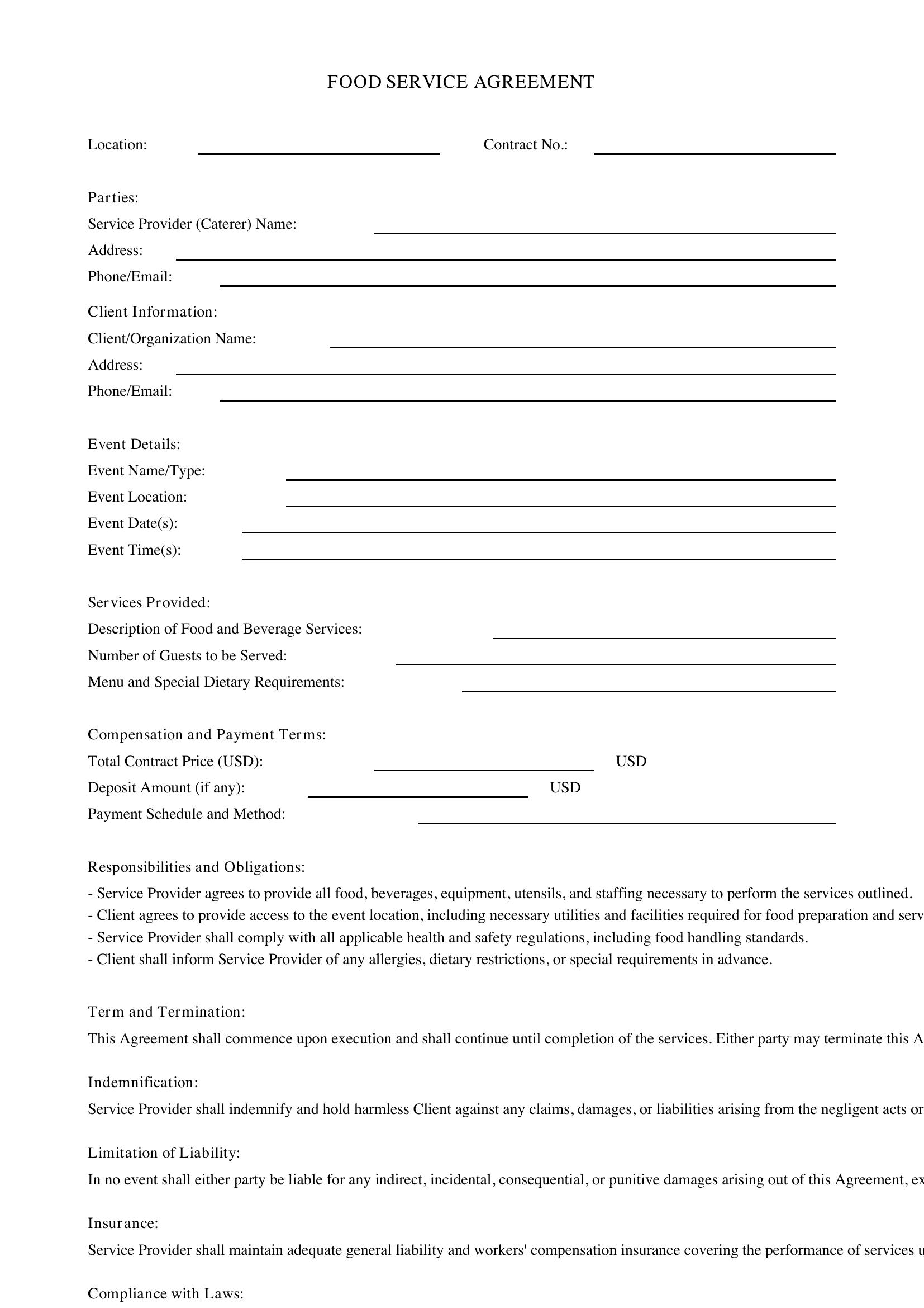 Food Service Contract Template - US