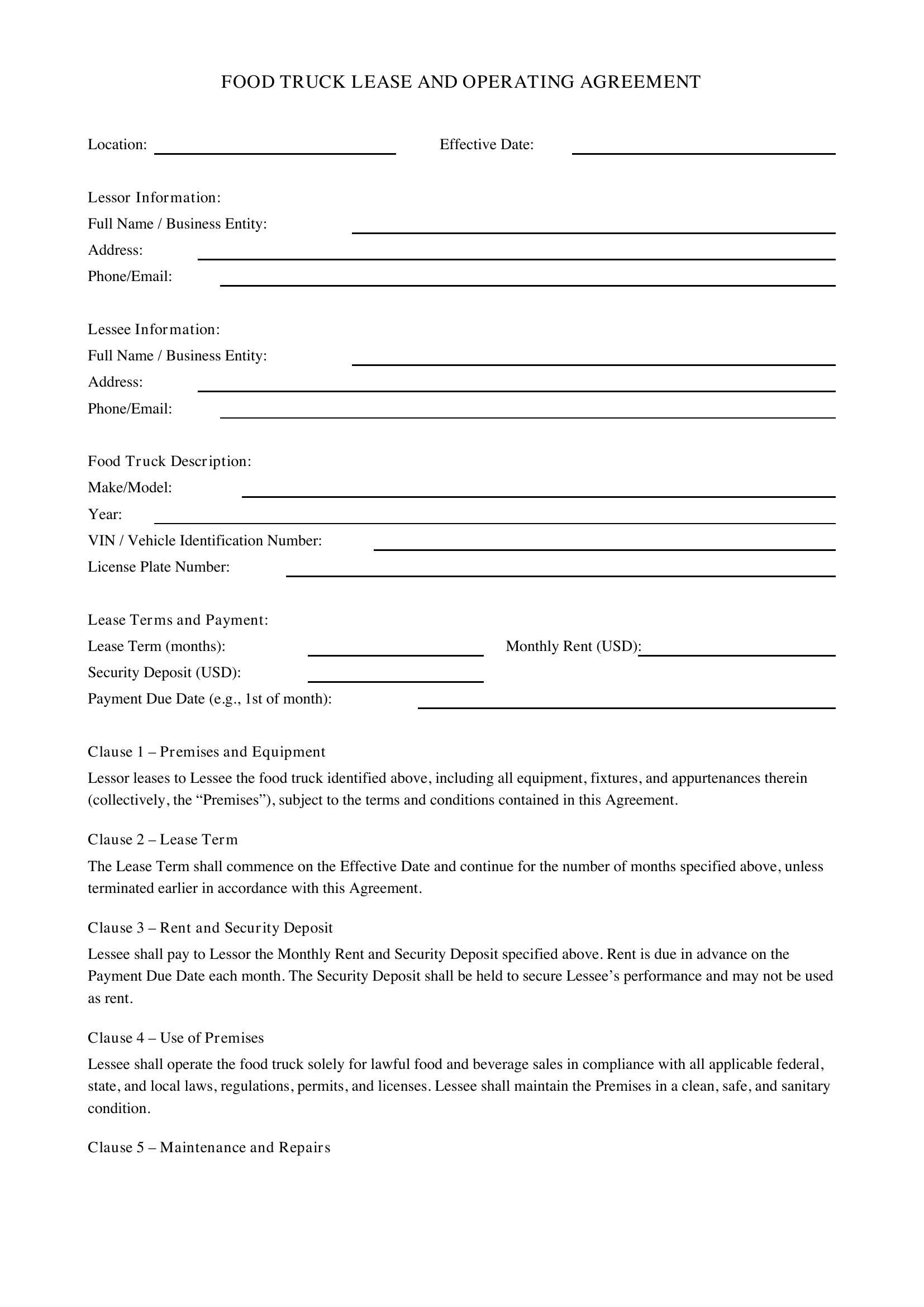 Food Truck Contract Template - US