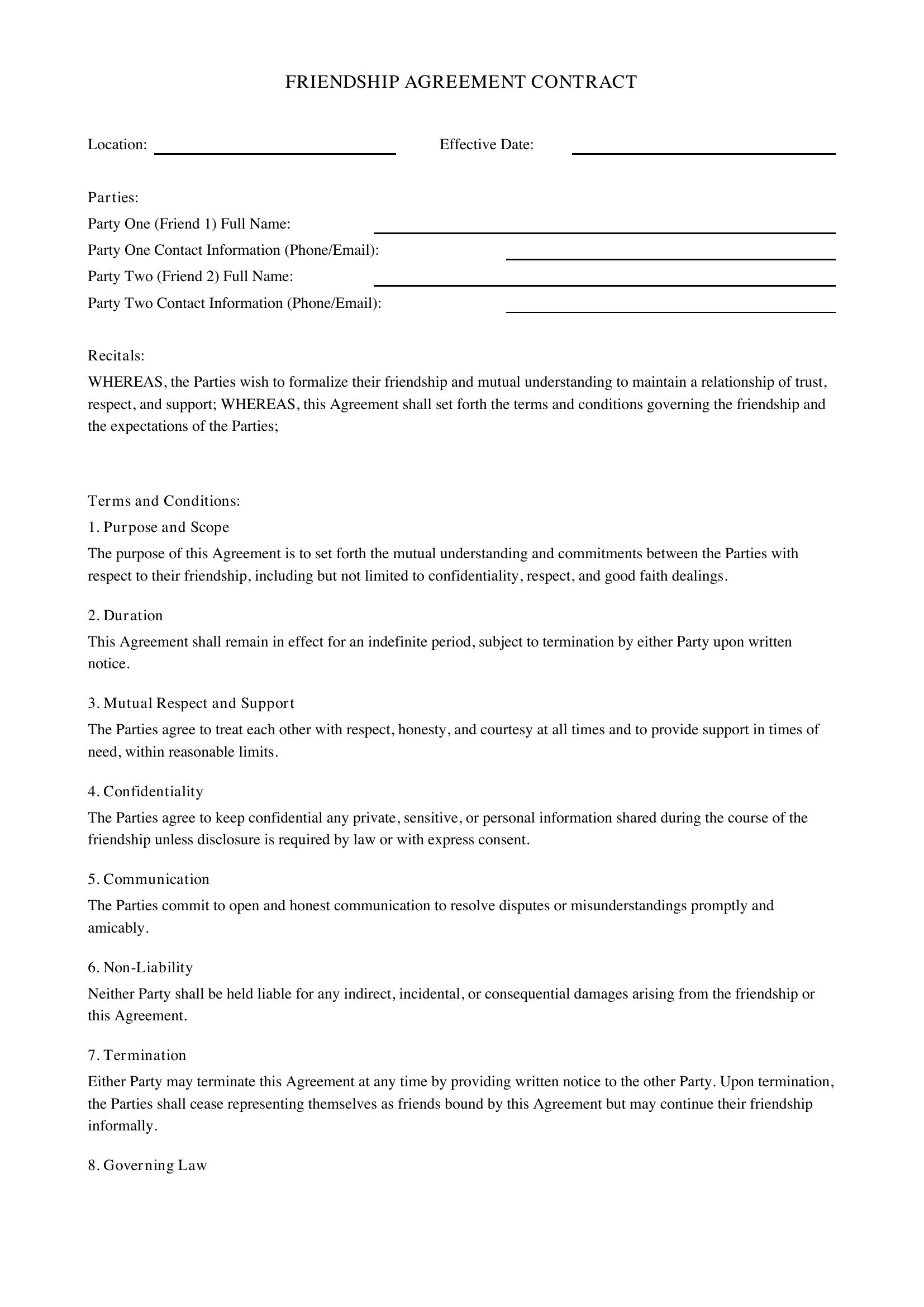 Friendship Contract Template - US