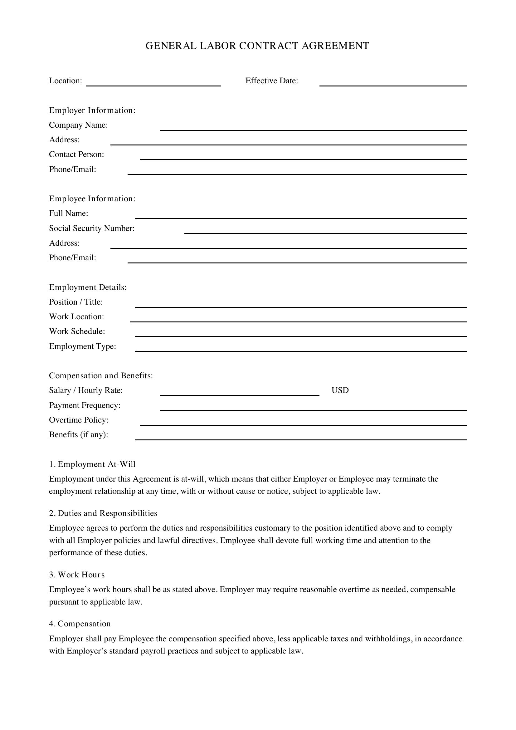 General Labor Contract Template - US