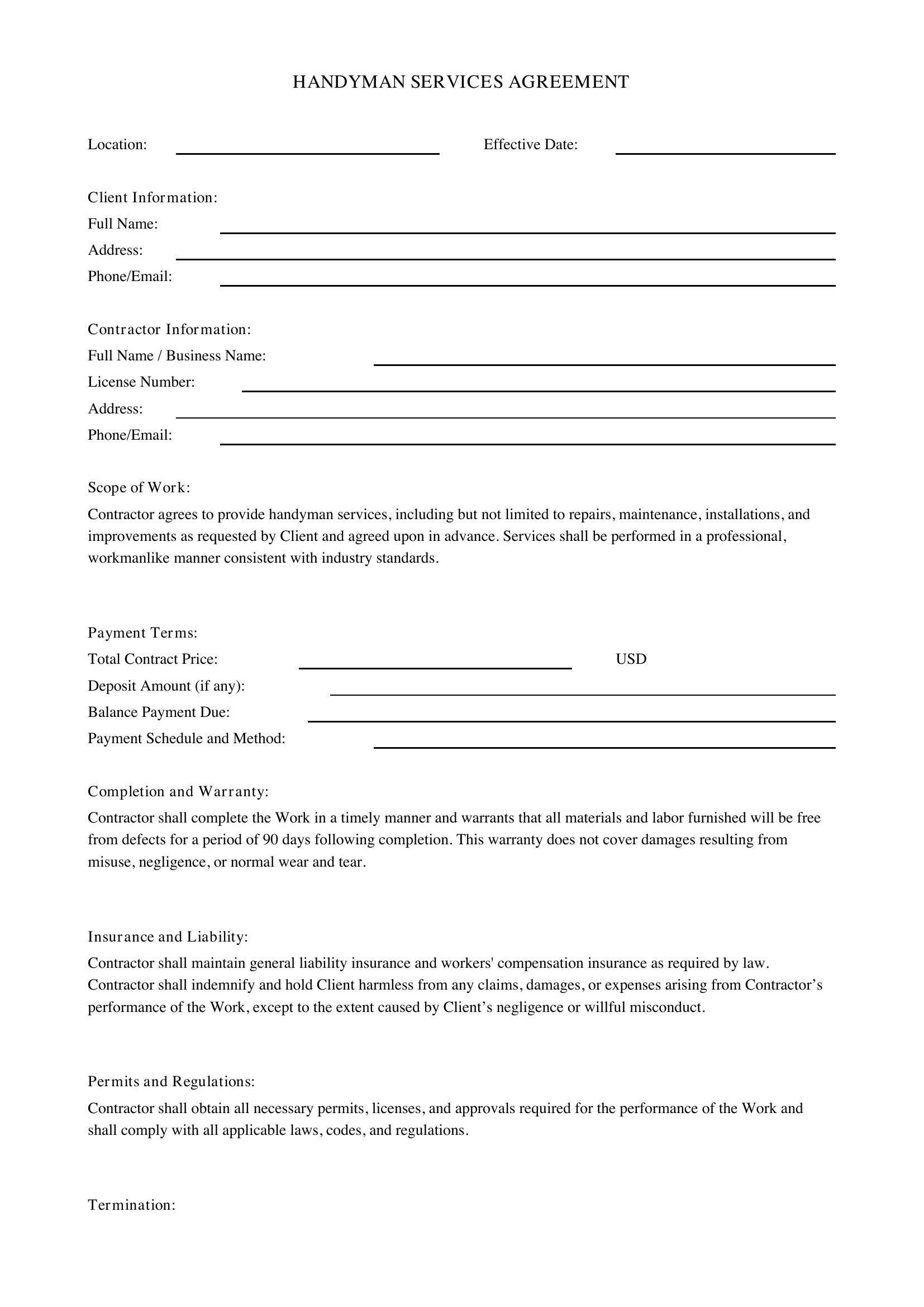 Handyman Contract Template - US