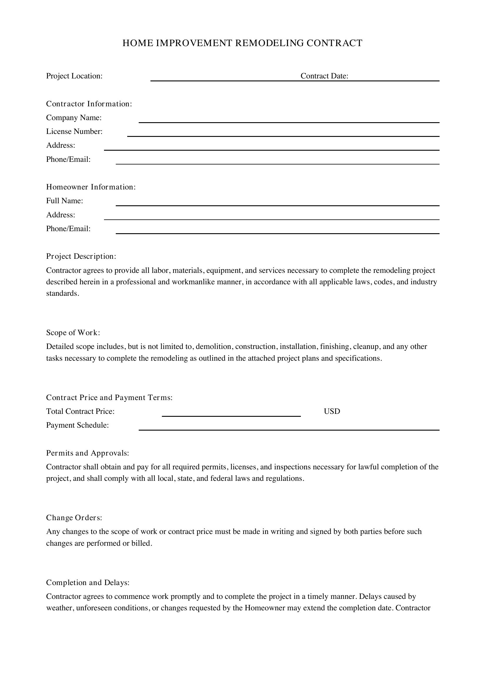 Home Improvement Remodeling Contract Template - US