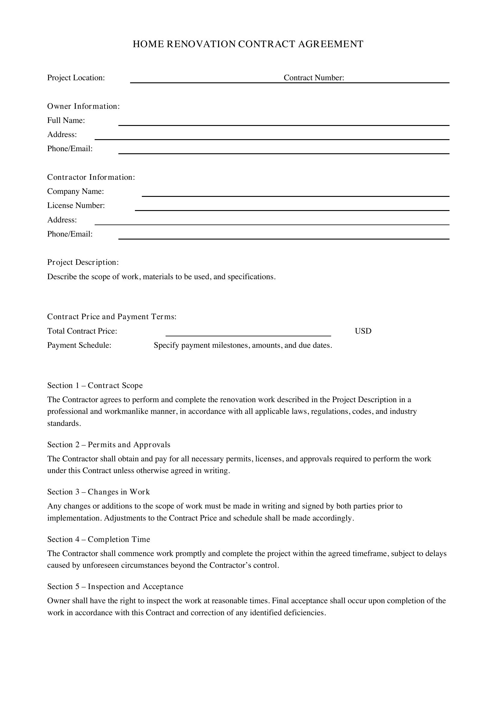 Home Renovation Contract Template - US