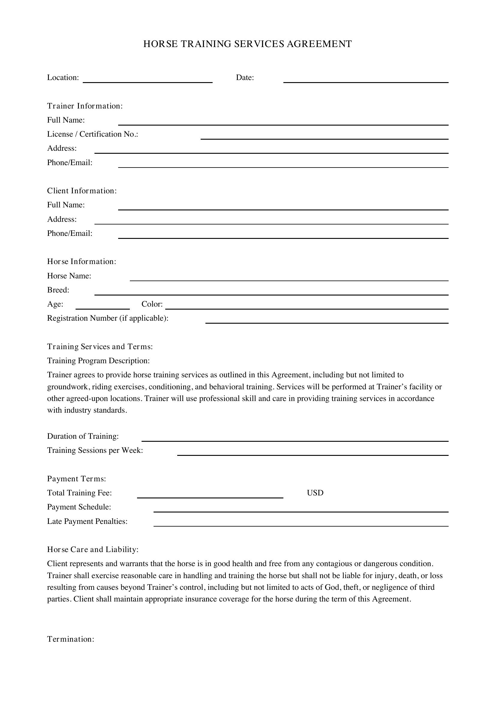 Horse Training Contract Template - US