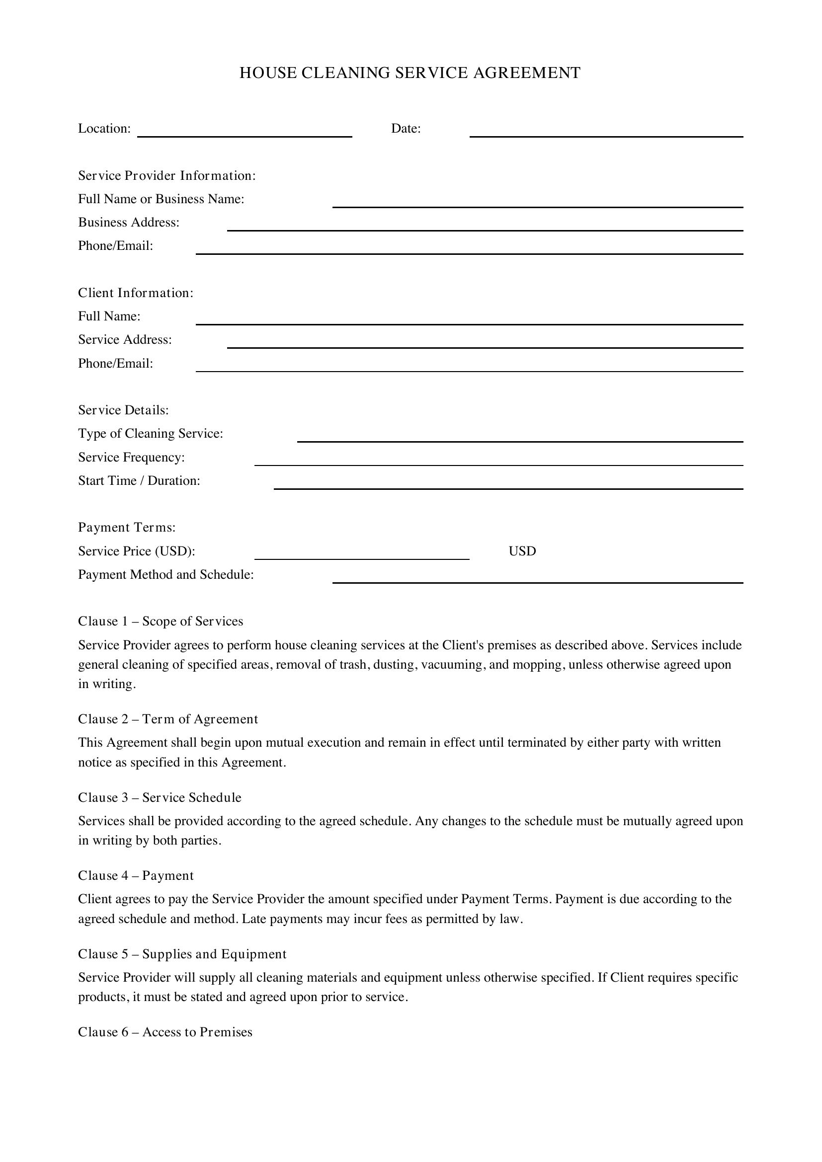 House Cleaning Contract Template - US