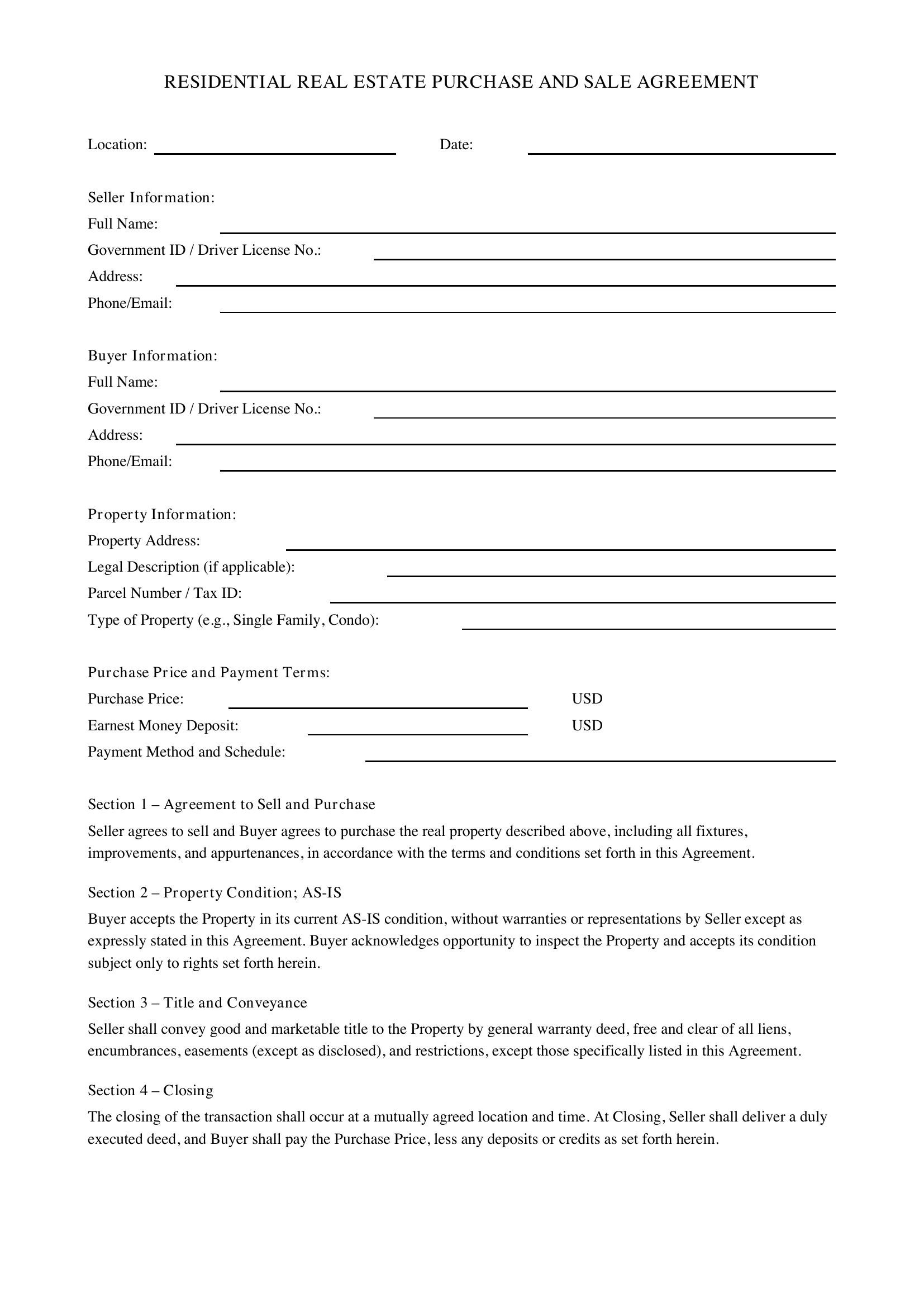 House Sale Contract Template - US