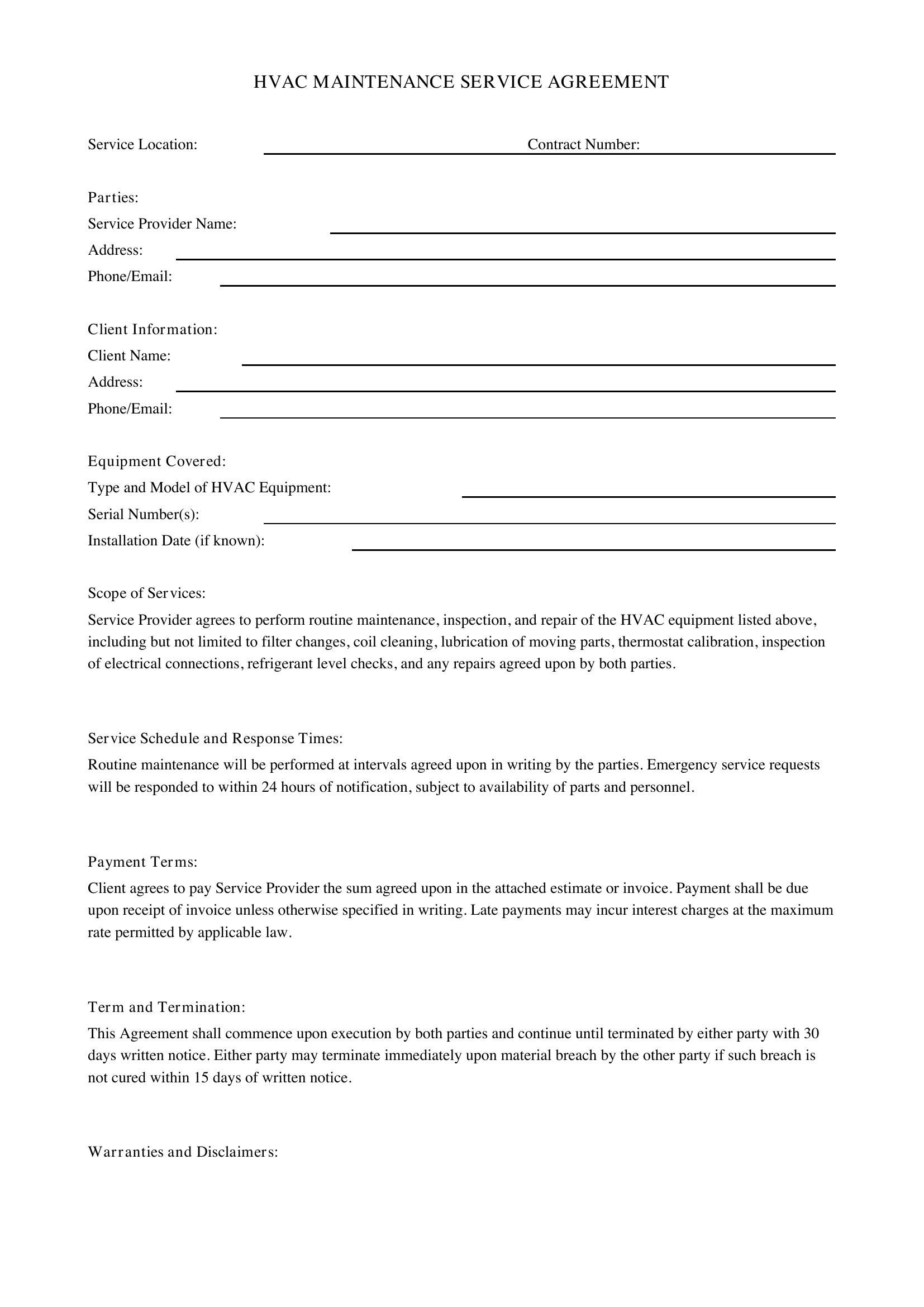 Hvac Maintenance Contract Template - US
