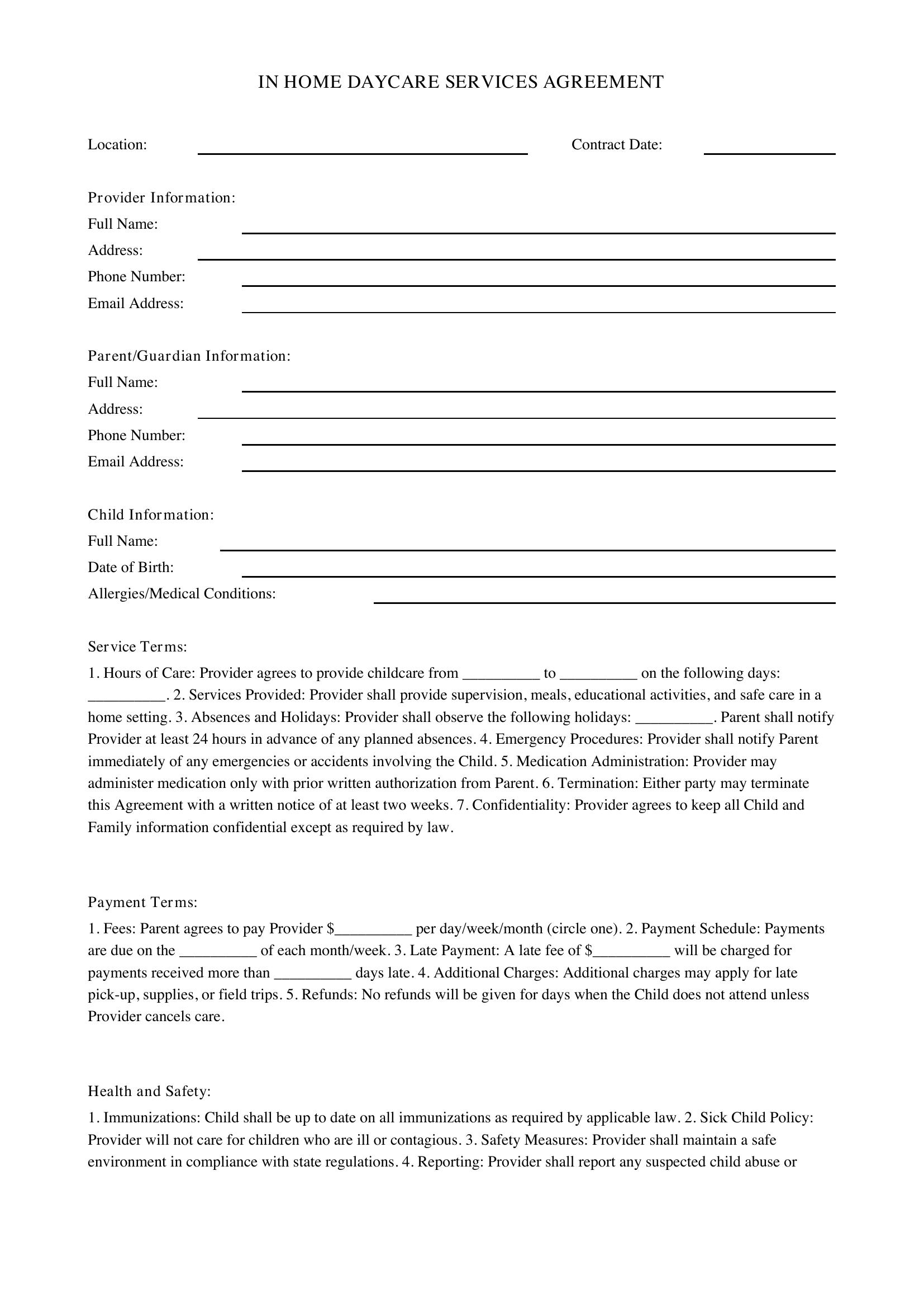 In Home Daycare Contract Template - US