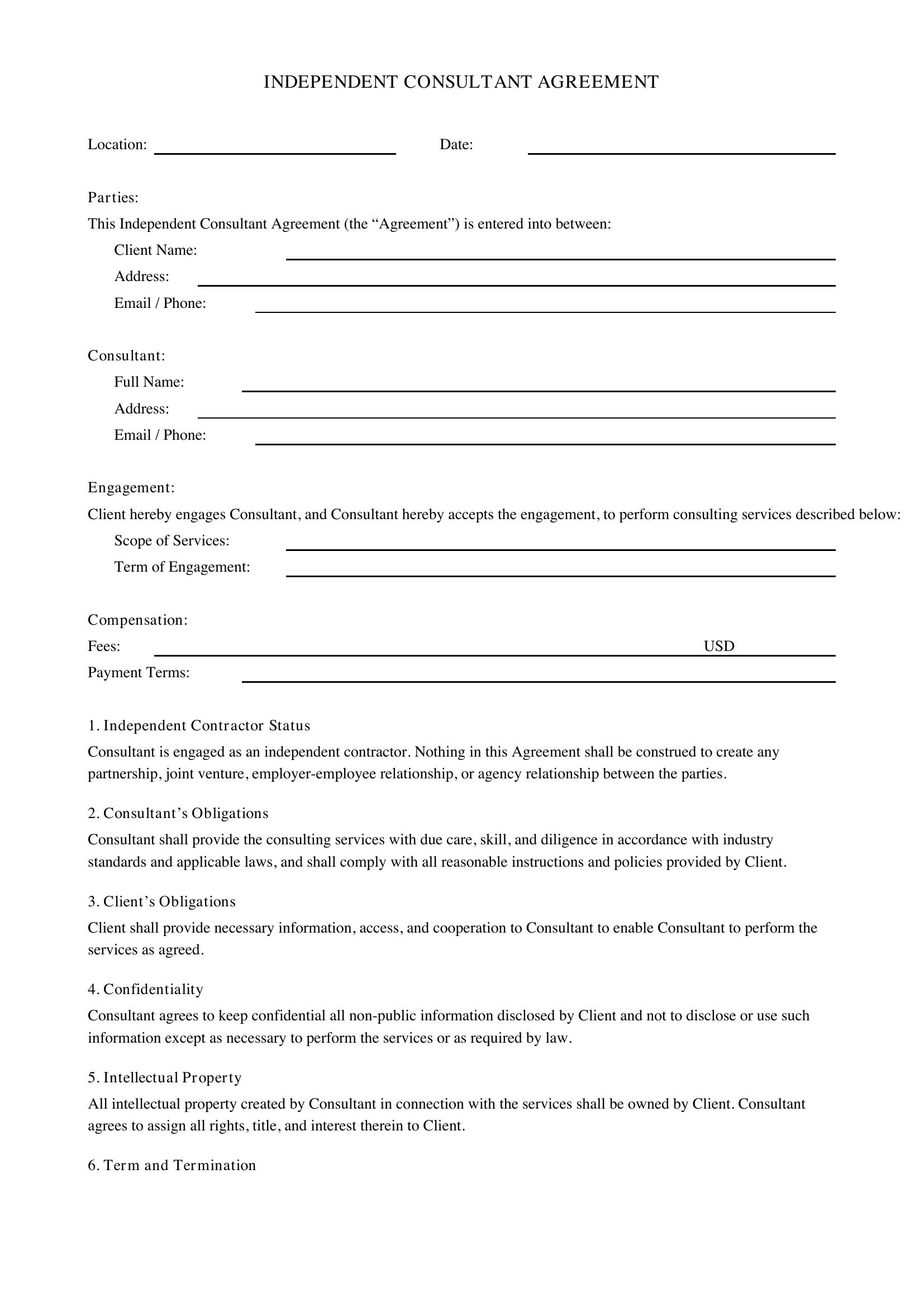Independent Consultant Contract Template - US
