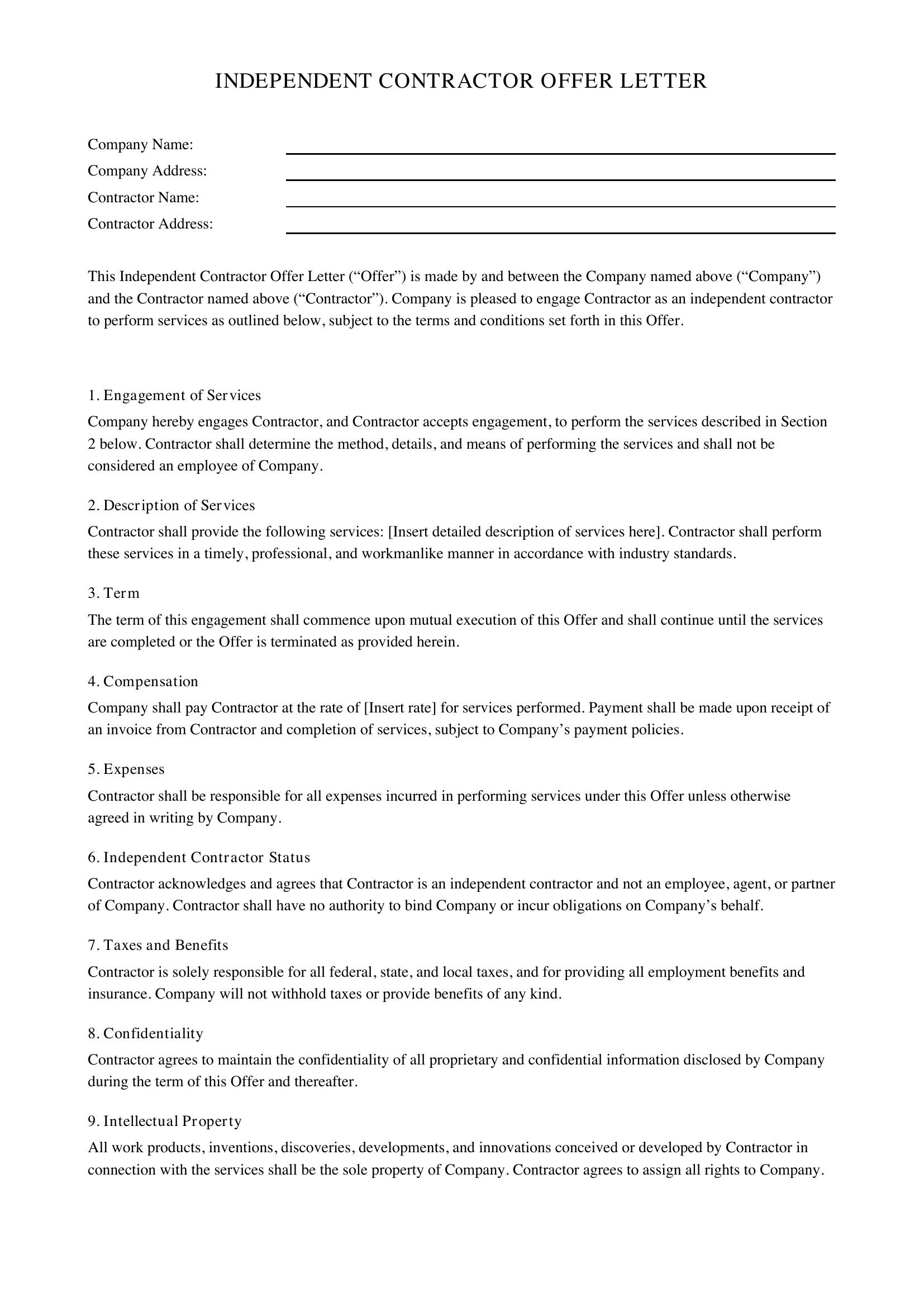 Independent Contractor Offer Letter Template - US