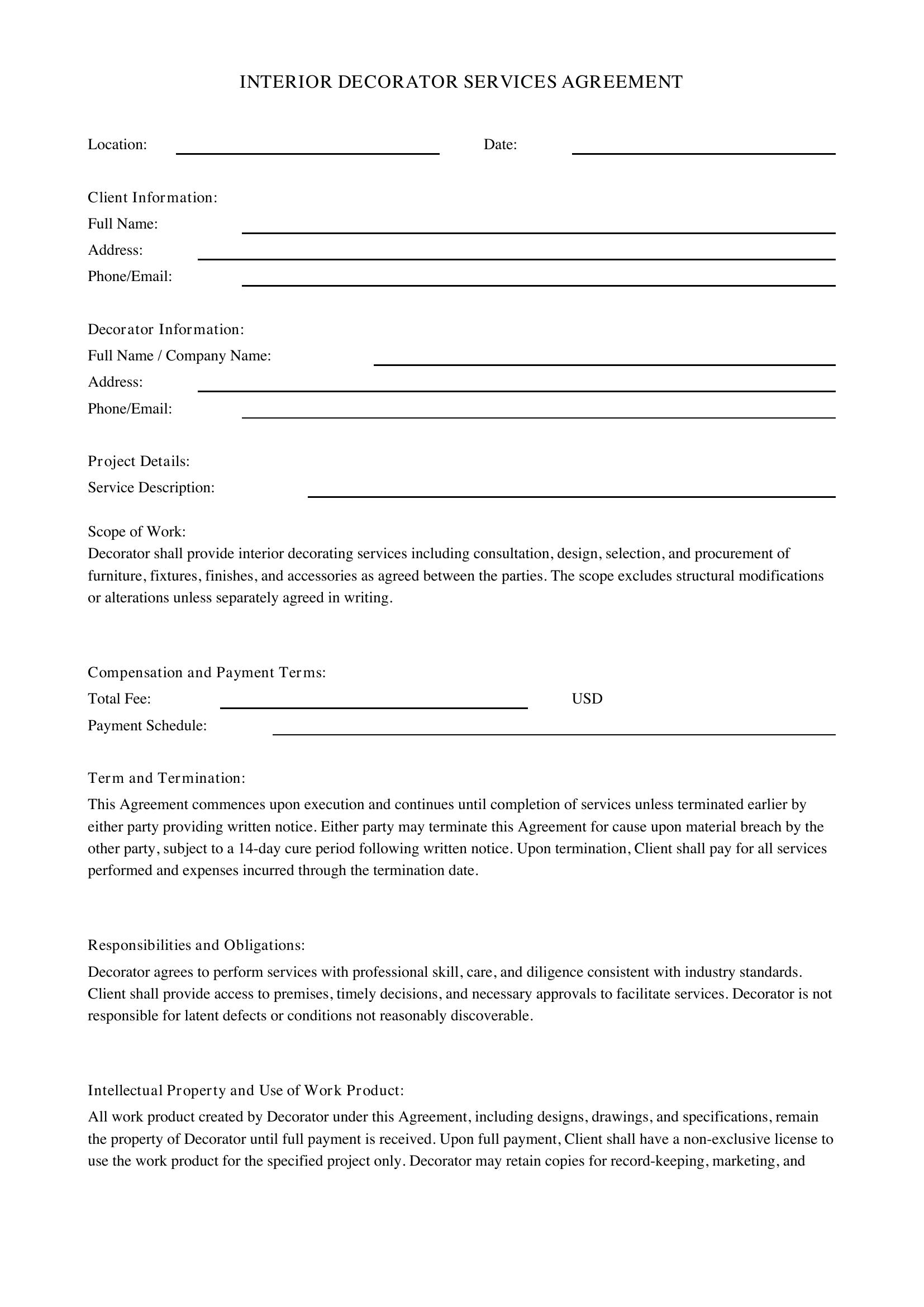 Interior Decorator Contract Template - US