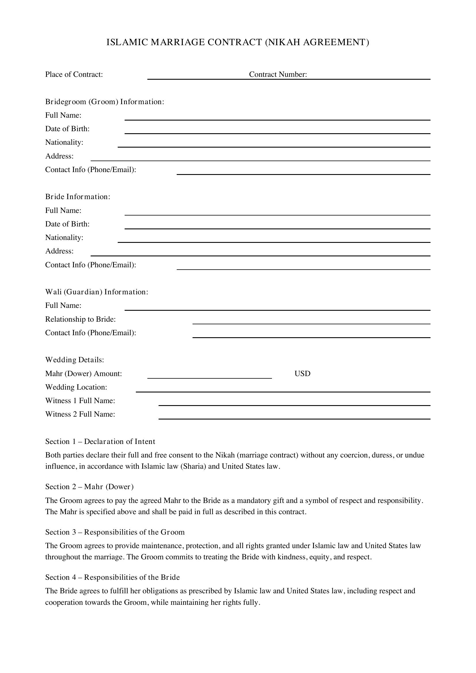 Islamic Marriage Contract Template - US