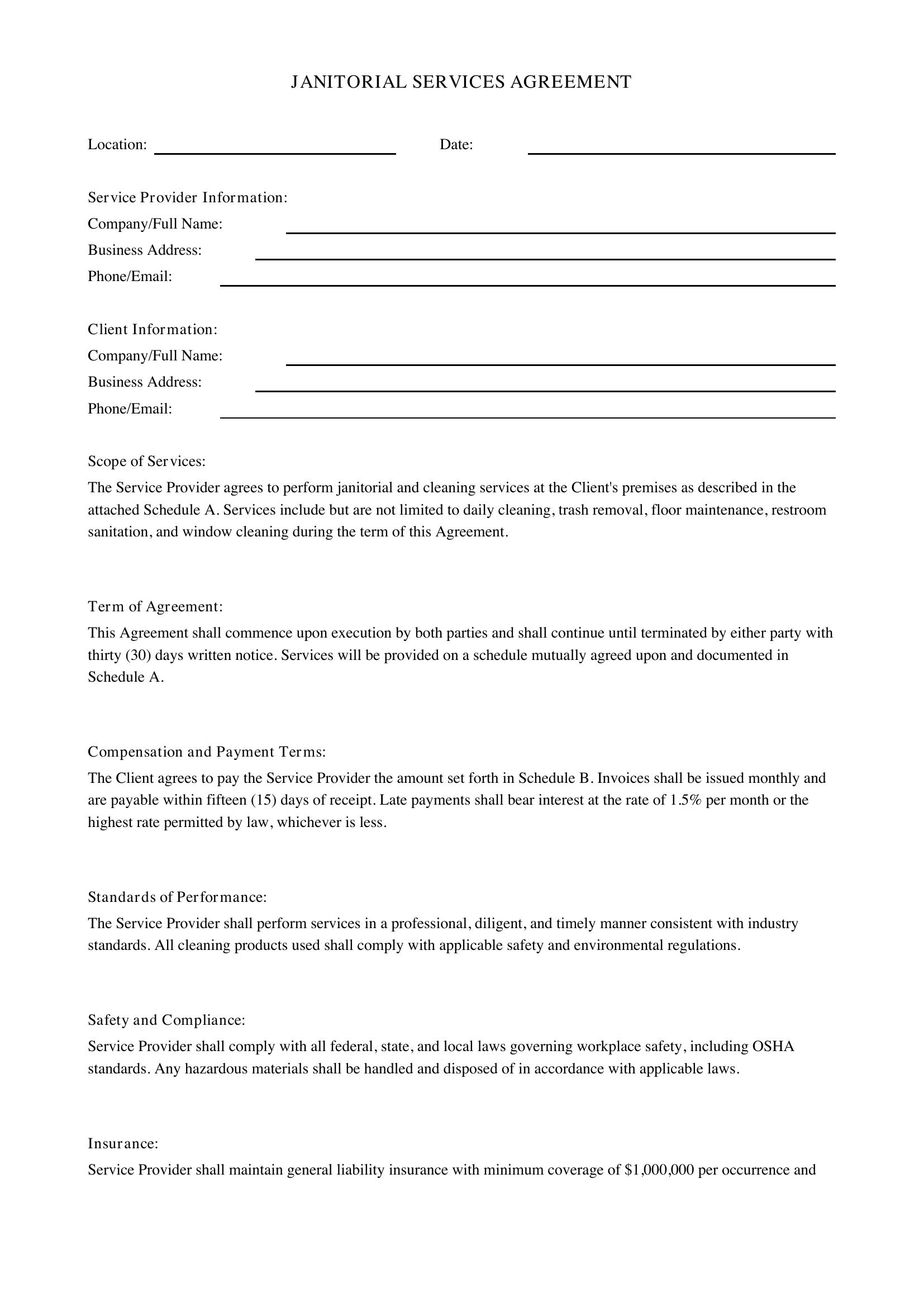 Janitorial Contract Template - US