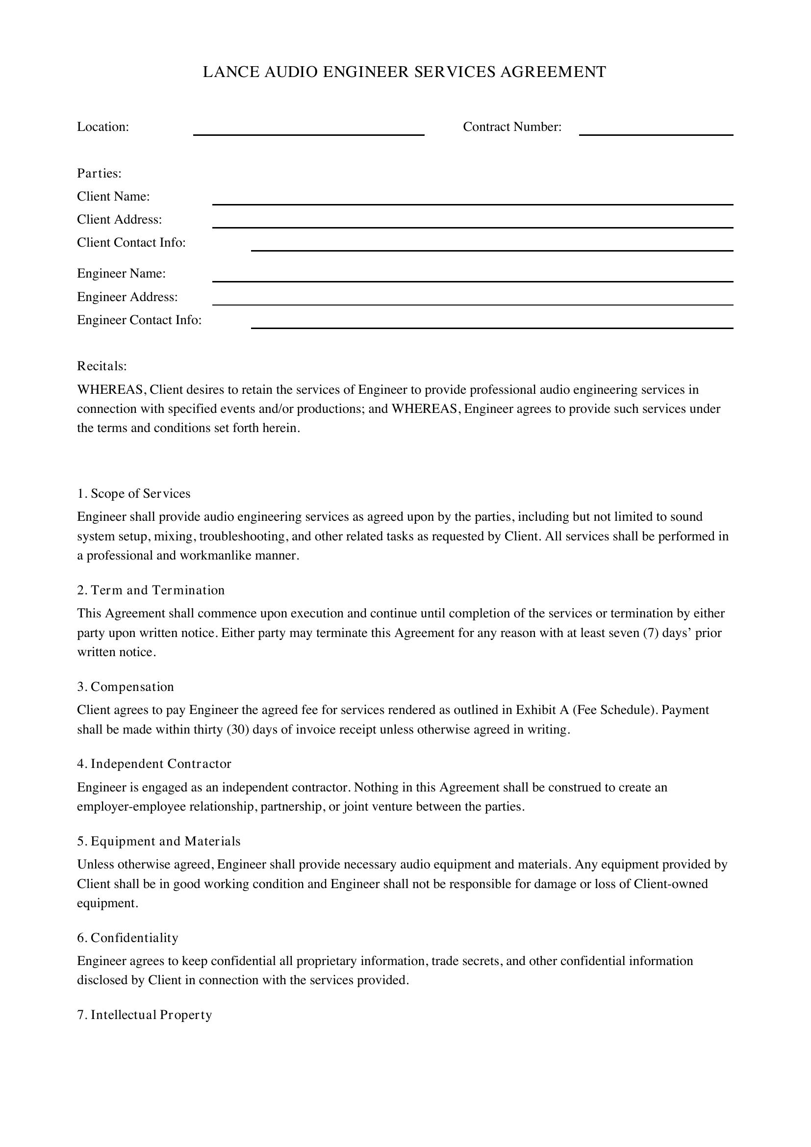 Lance Audio Engineer Contract Template - US