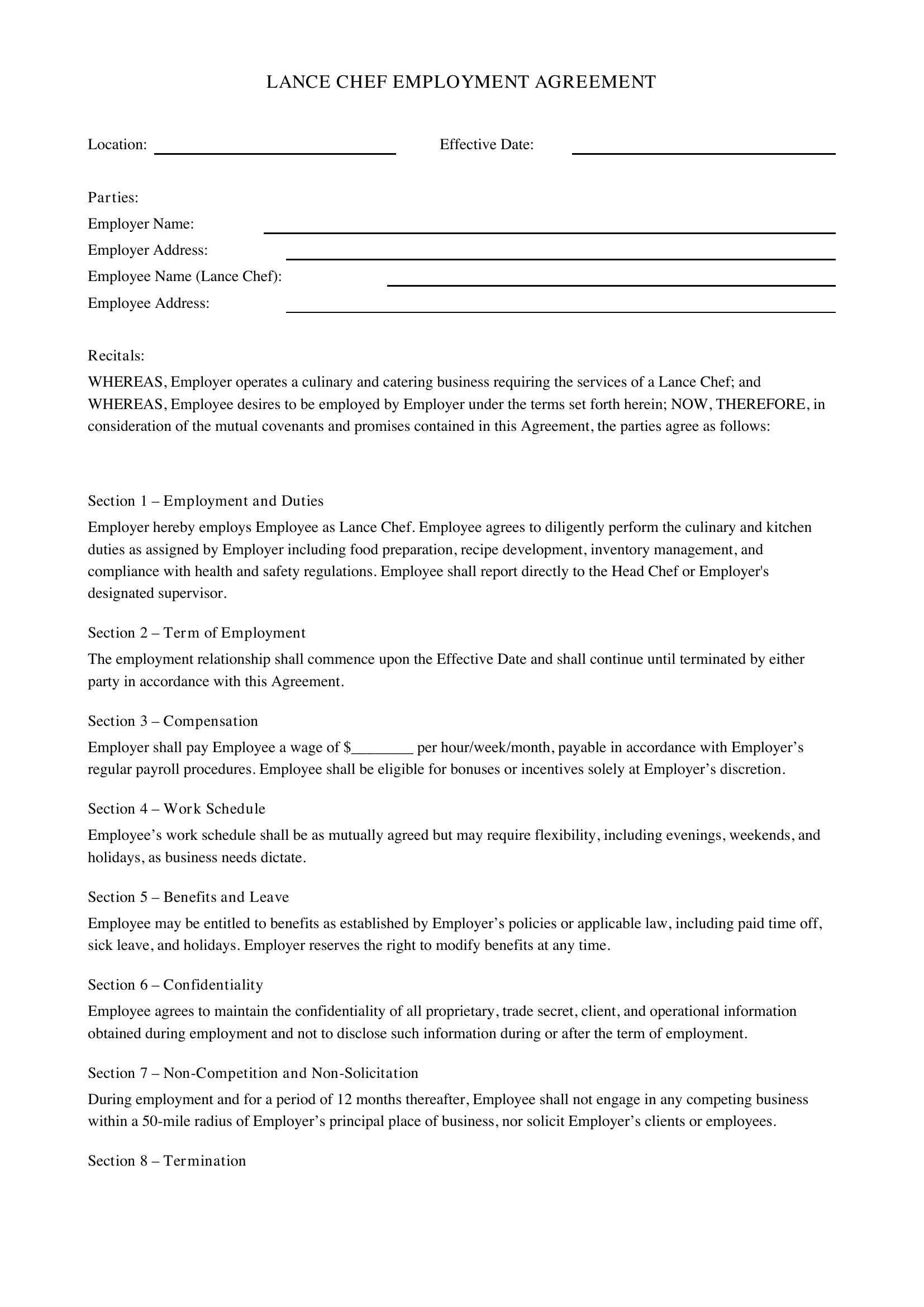 Lance Chef Contract Template - US