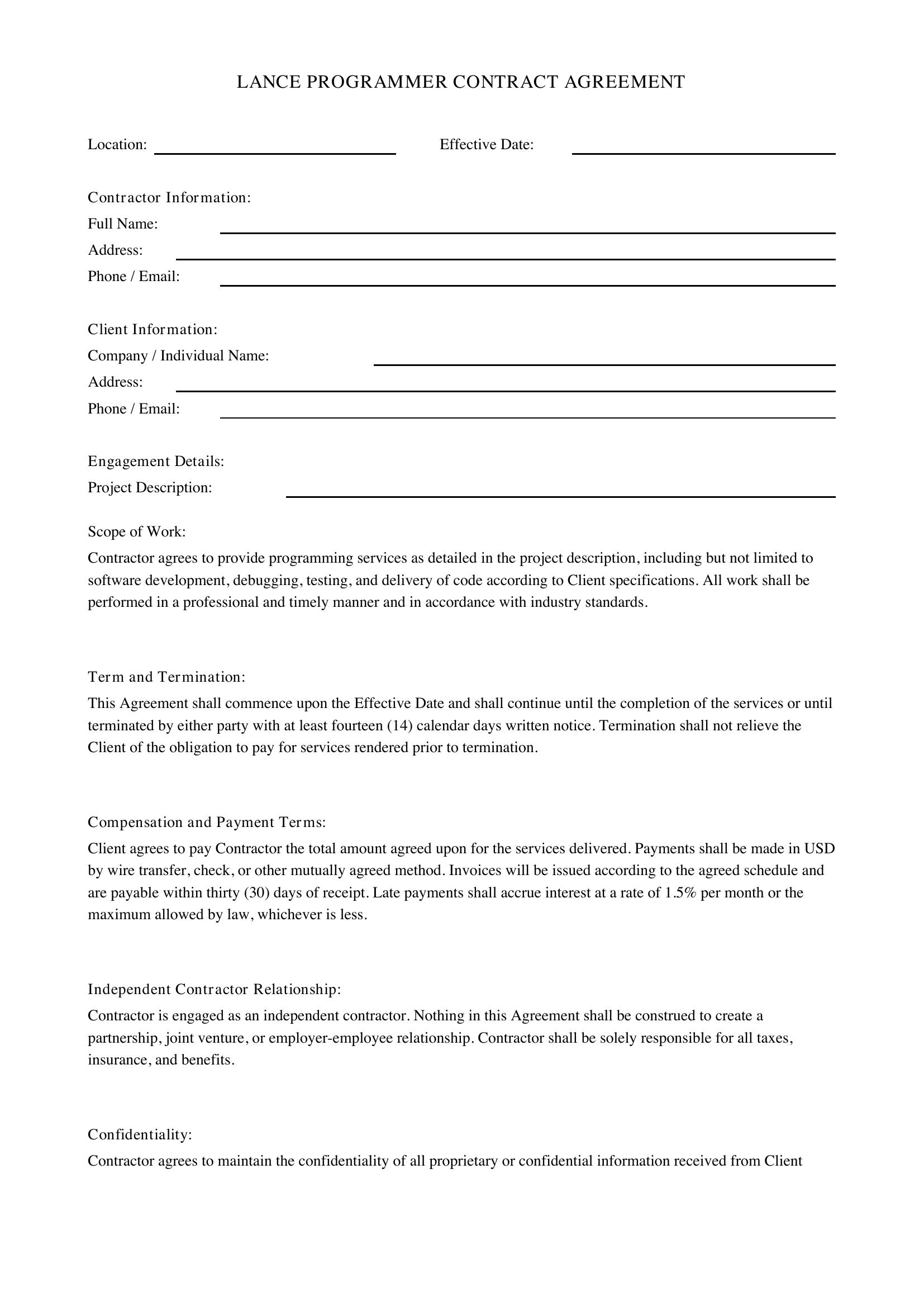 Lance Programmer Contract Template - US
