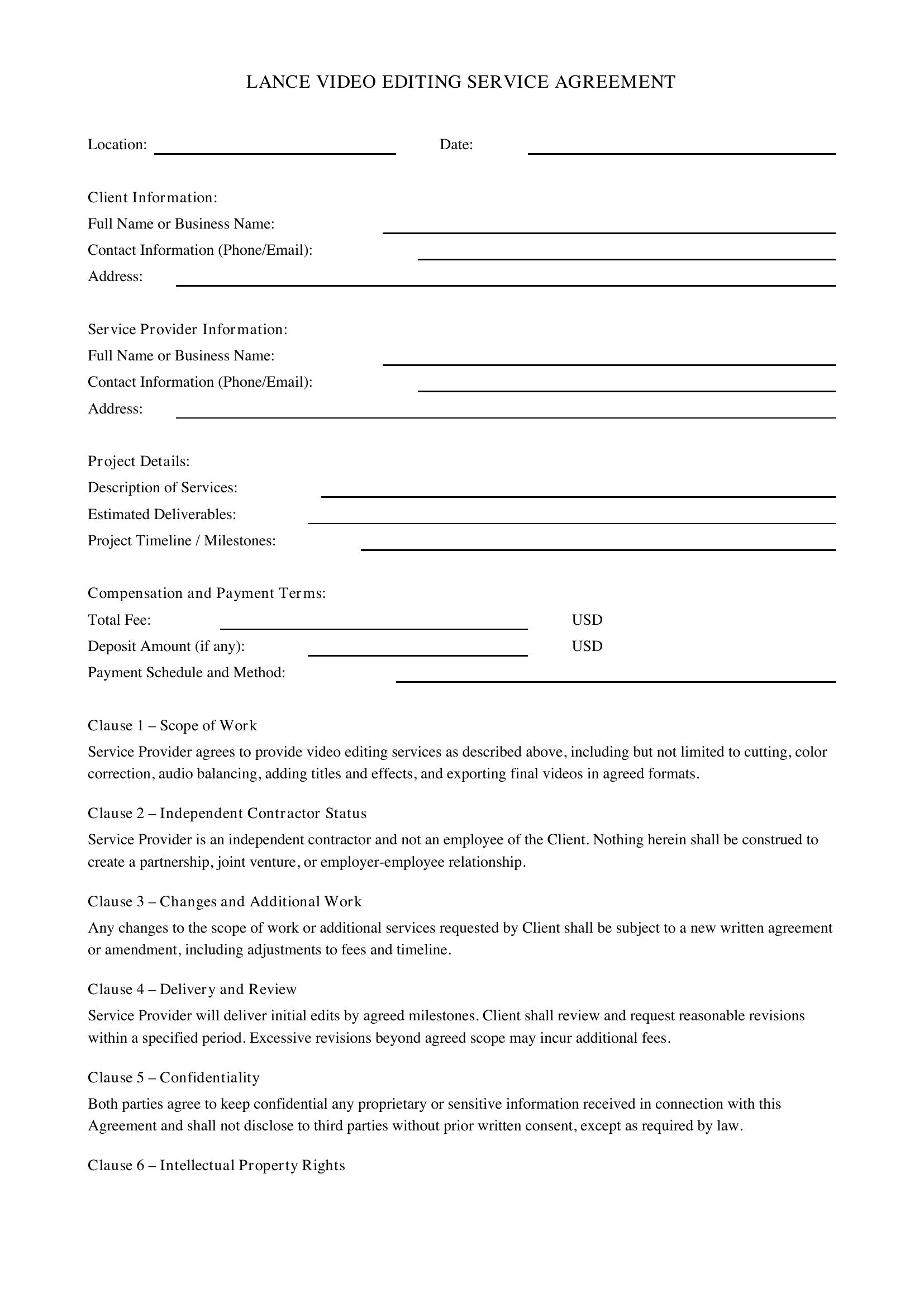 Lance Video Editing Contract Template - US