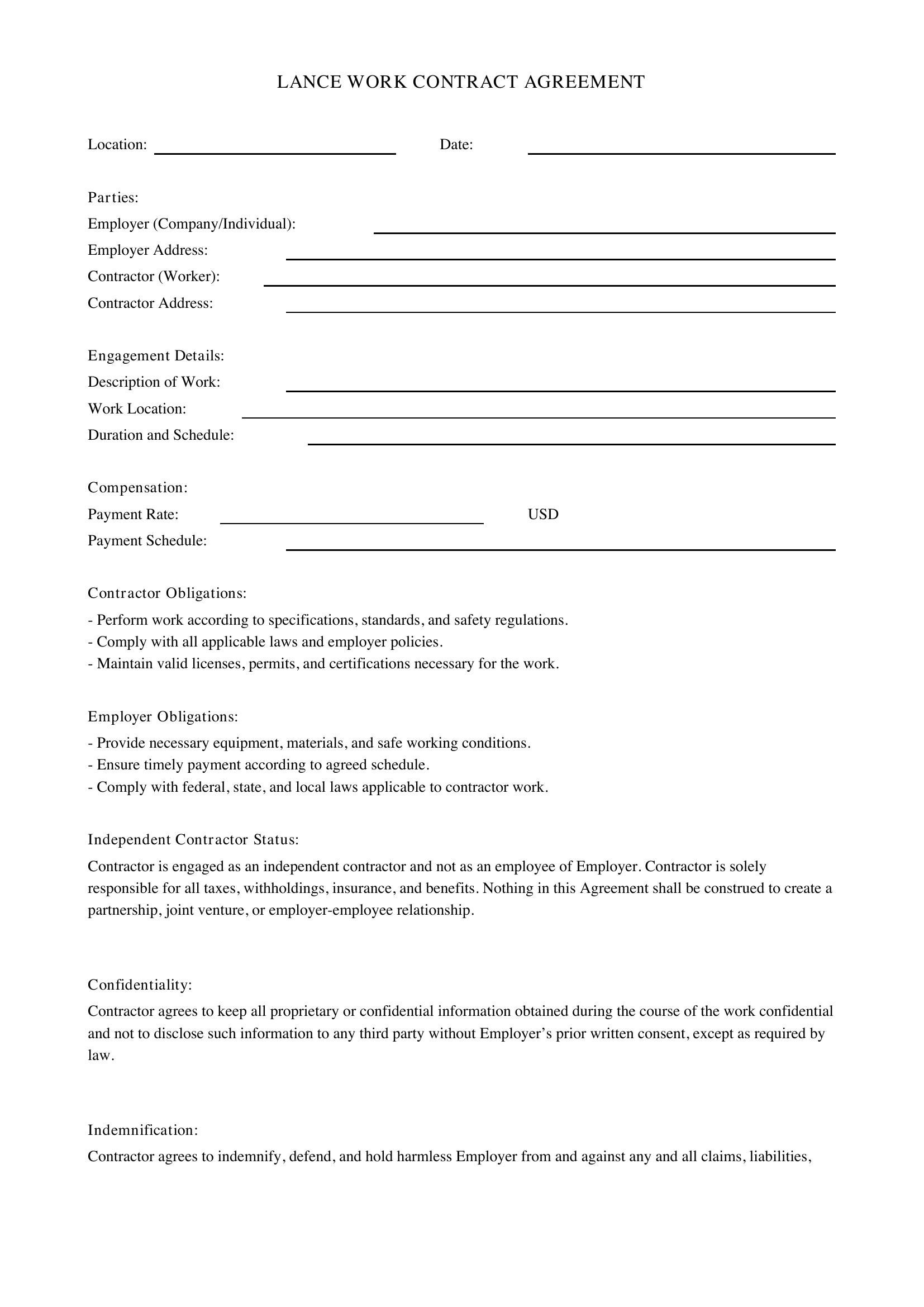 Lance Work Contract Template - US