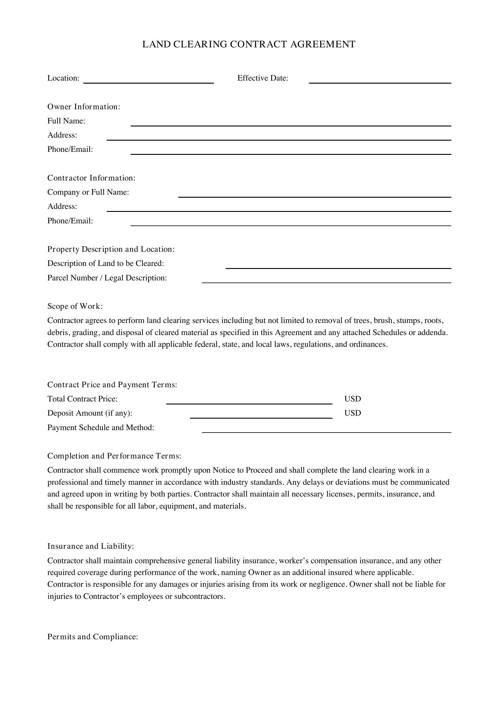 Land Clearing Contract Template - US