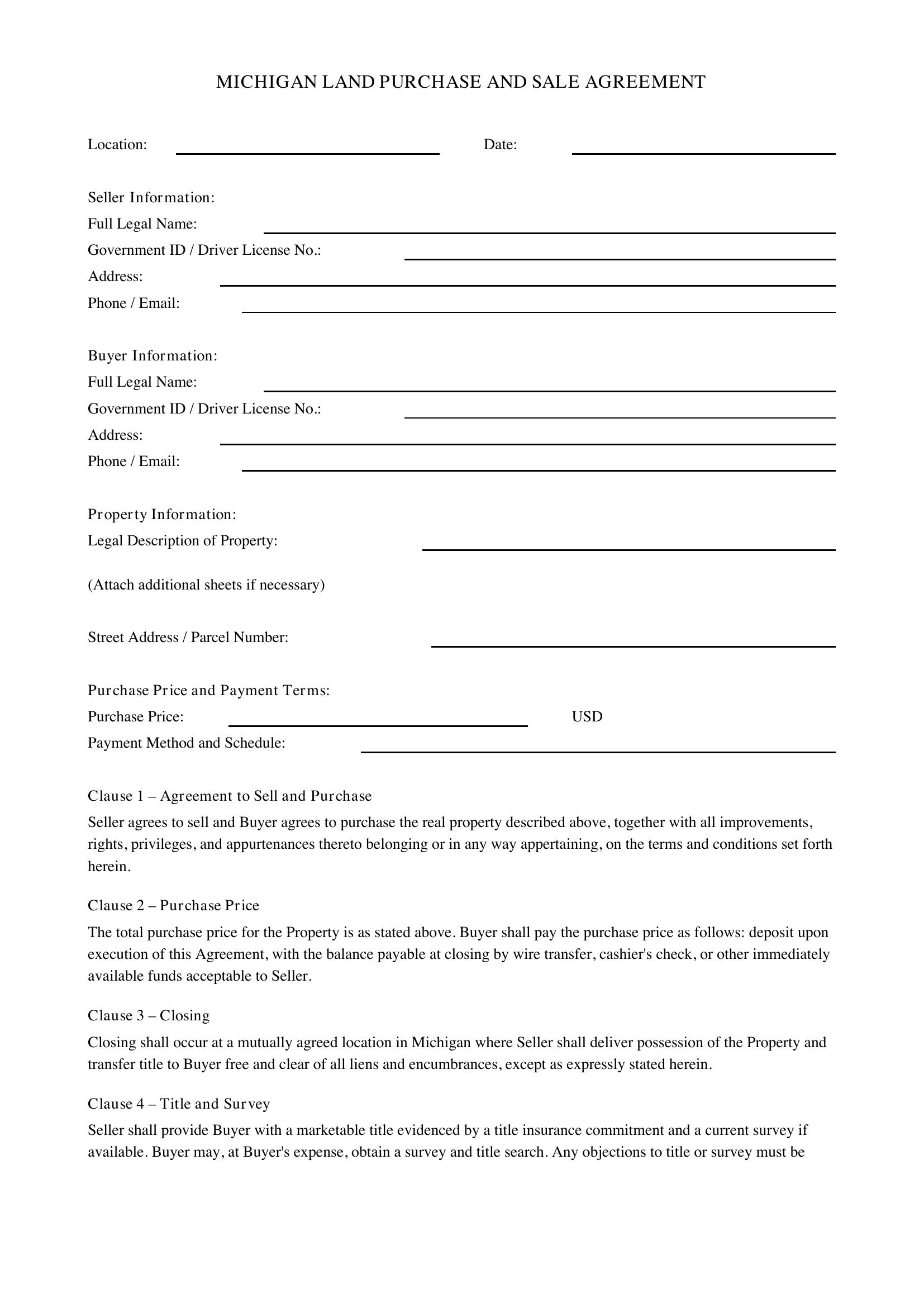 Land Contract Michigan Template - US