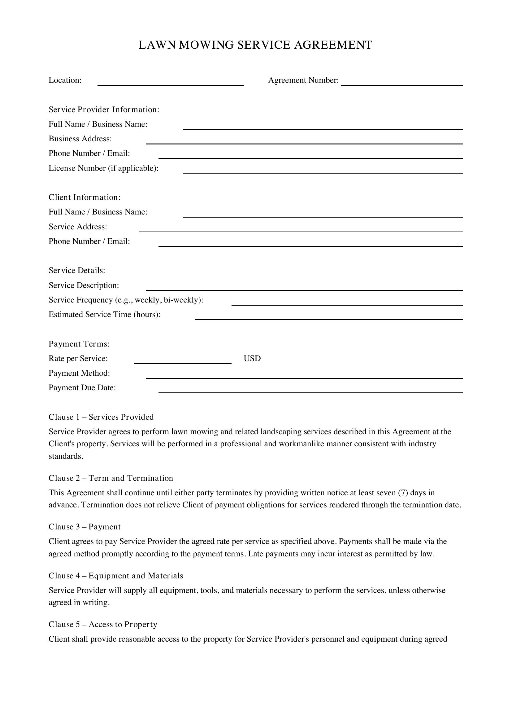 Lawn Mowing Contract Template - US