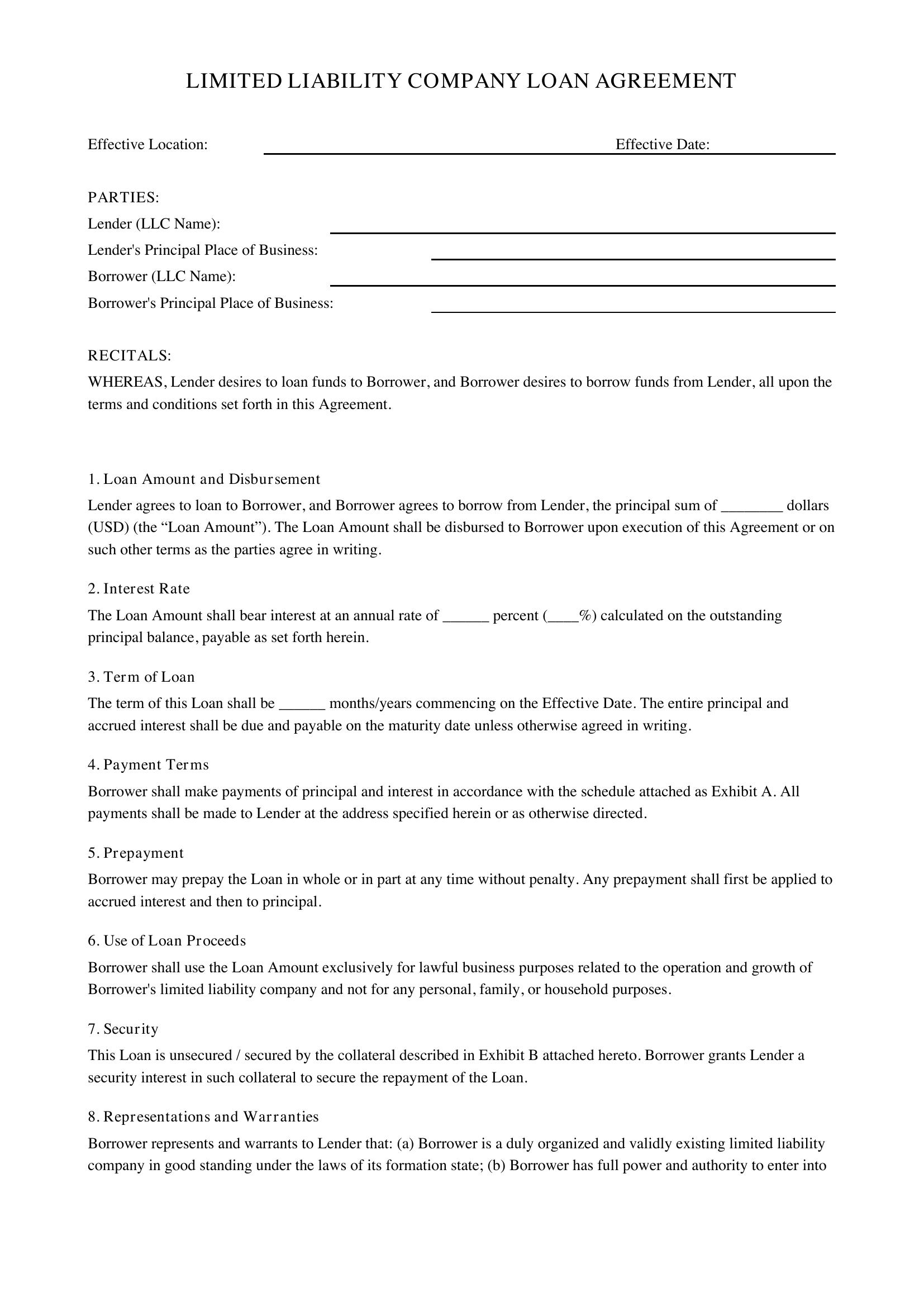 Llc Loan Contract Template - US