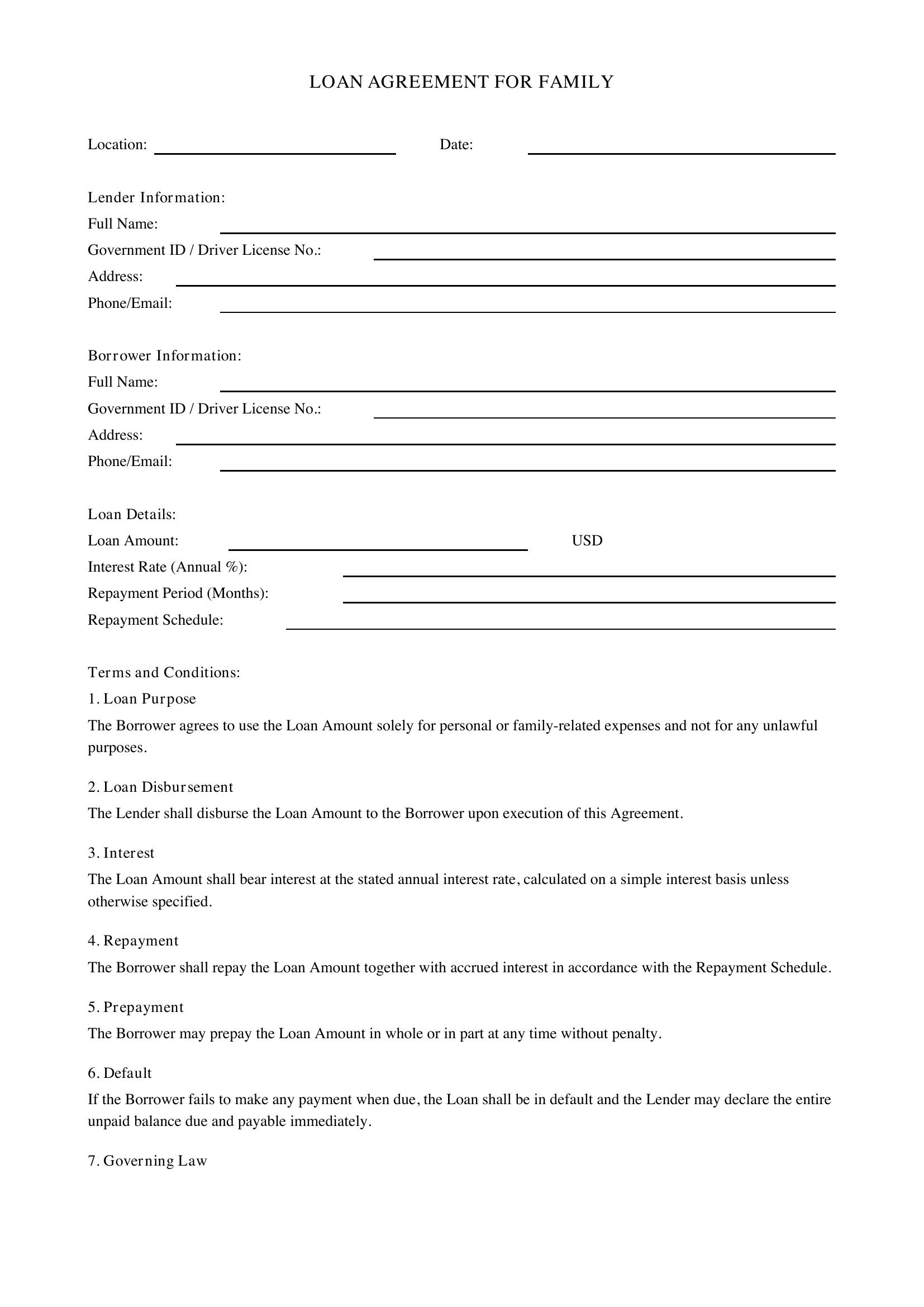 Loan Contract For Family Template - US