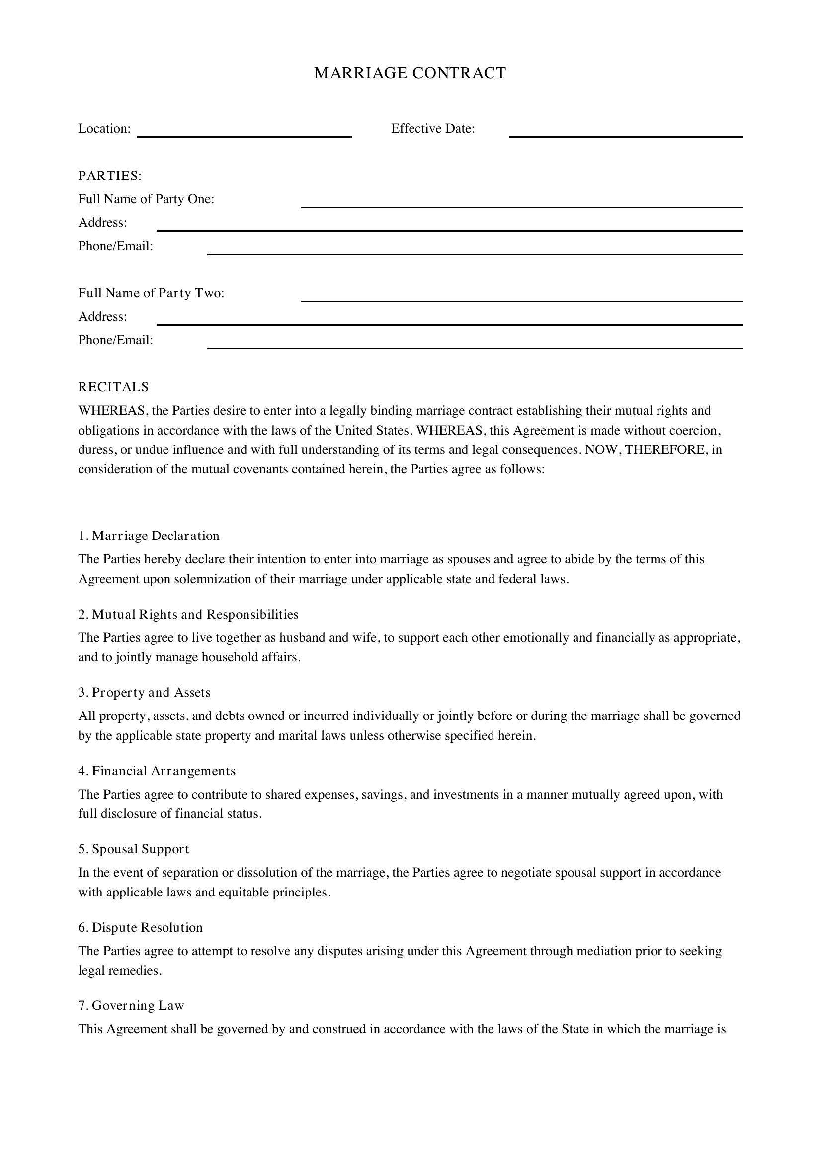 Marriage Contract Template - US