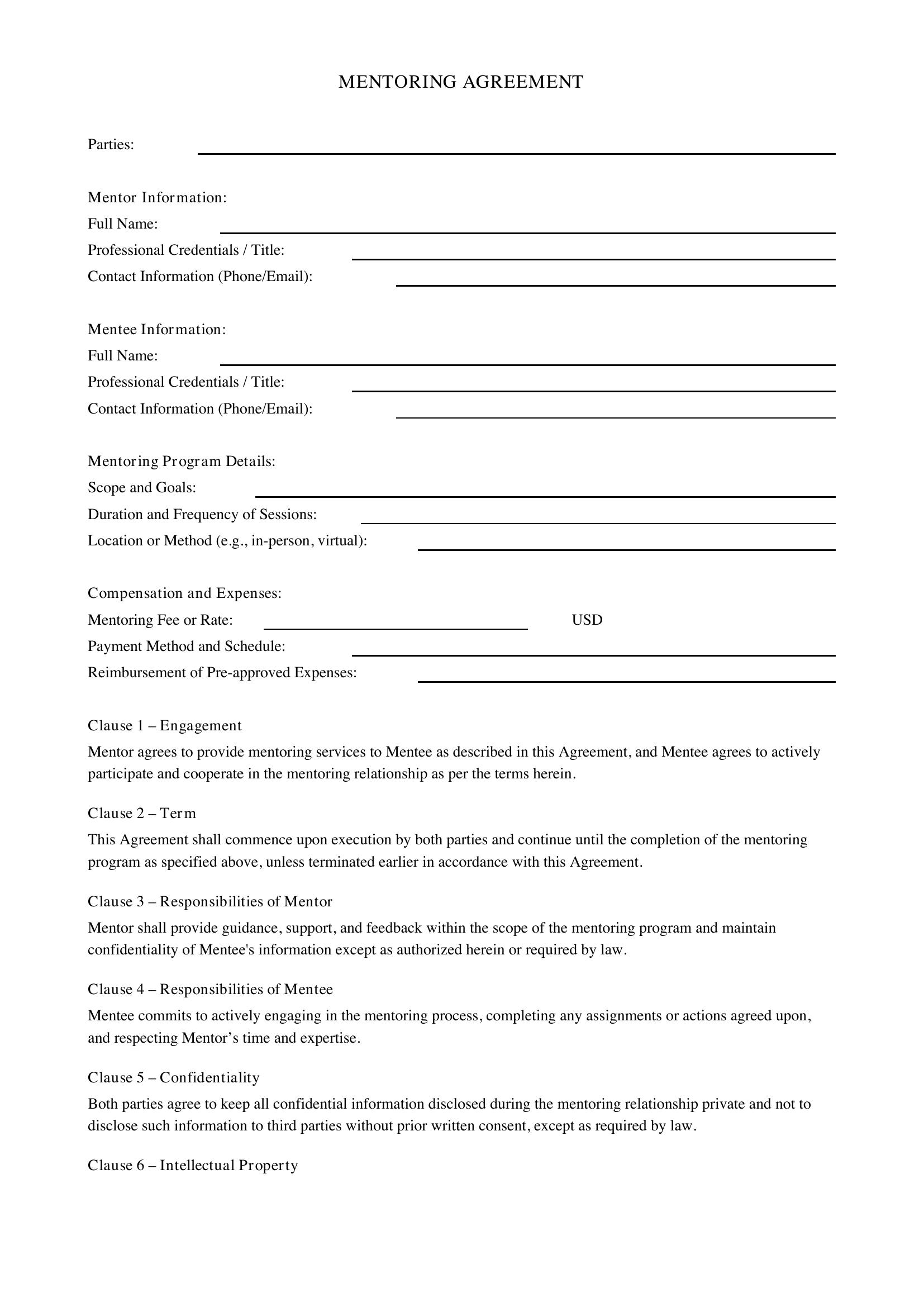 Mentoring Contract Template - US