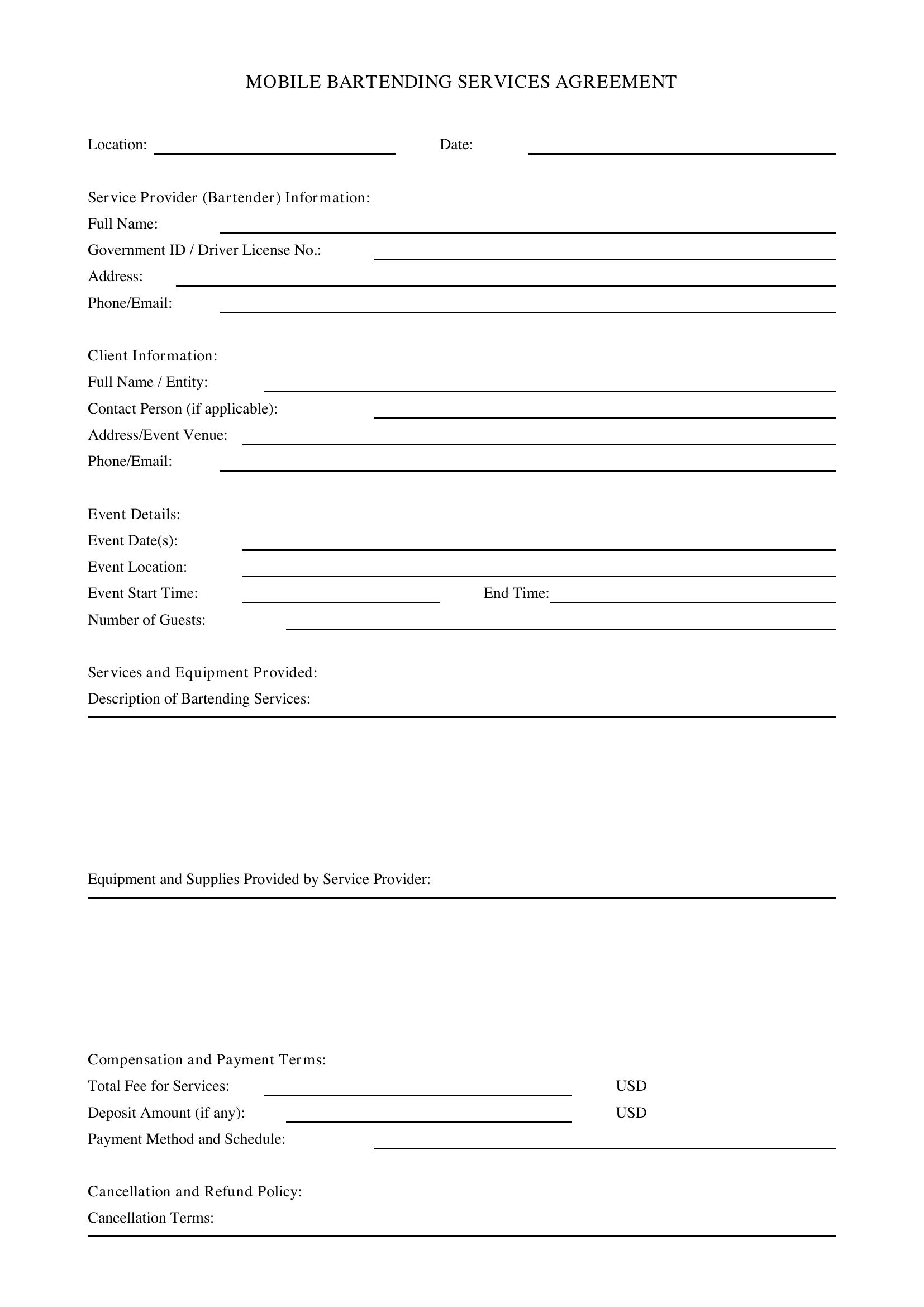 Mobile Bartending Contract Template - US