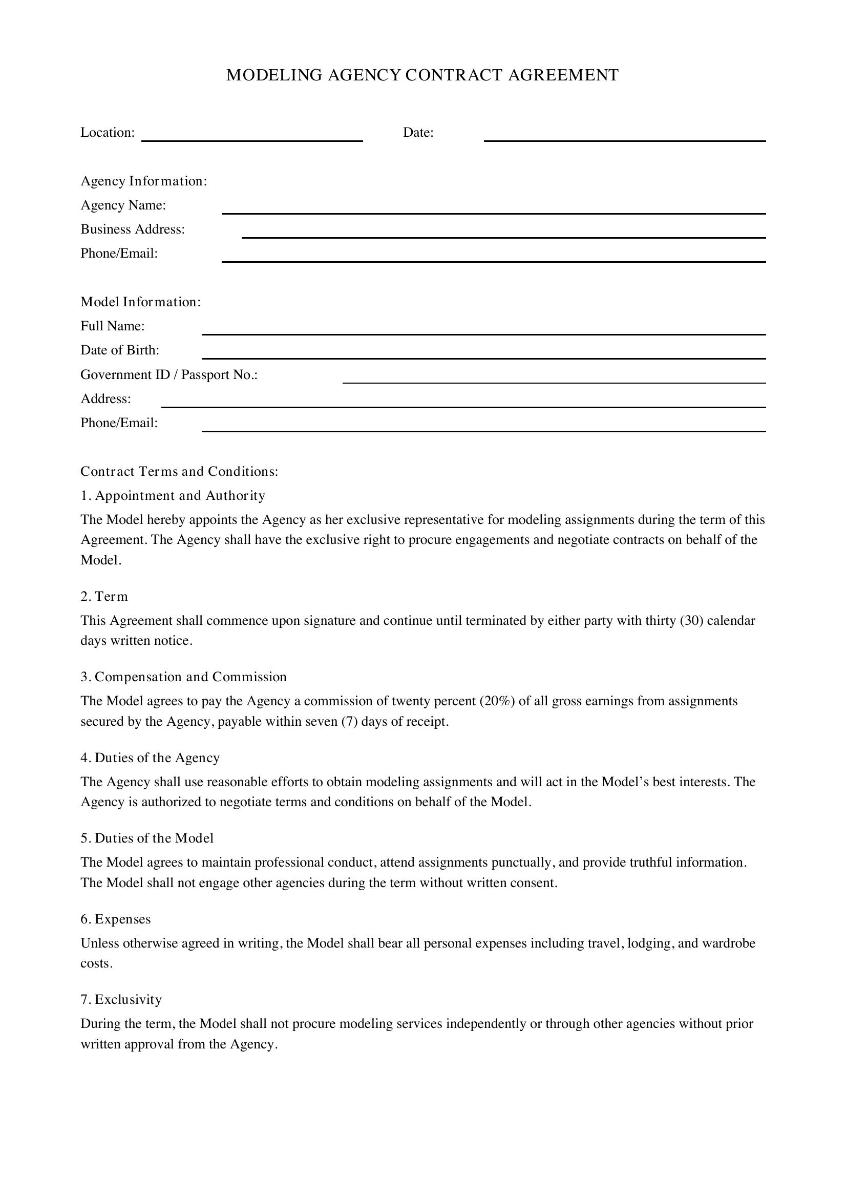 Modeling Agency Contract Template - US