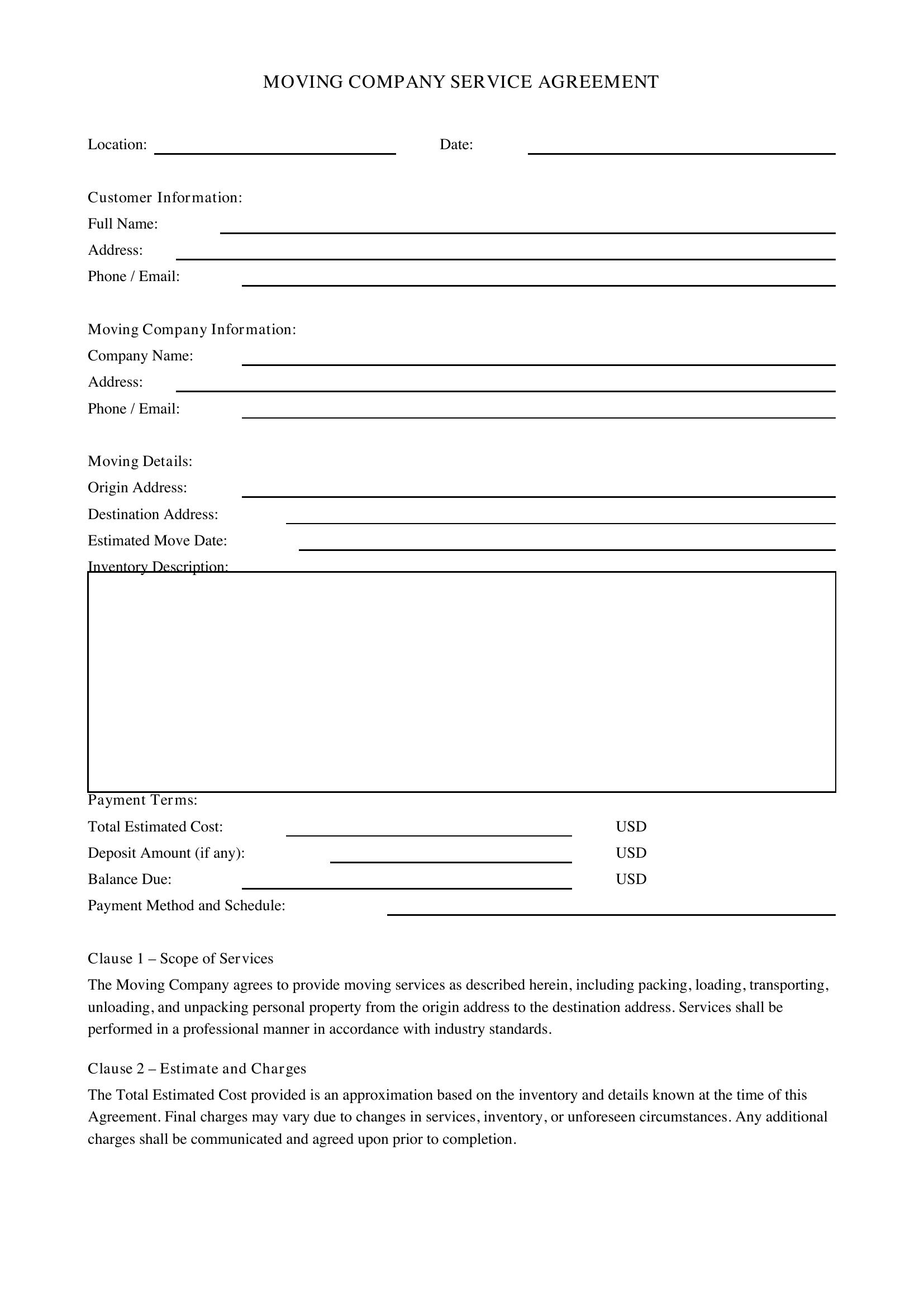 Moving Company Contract Template - US