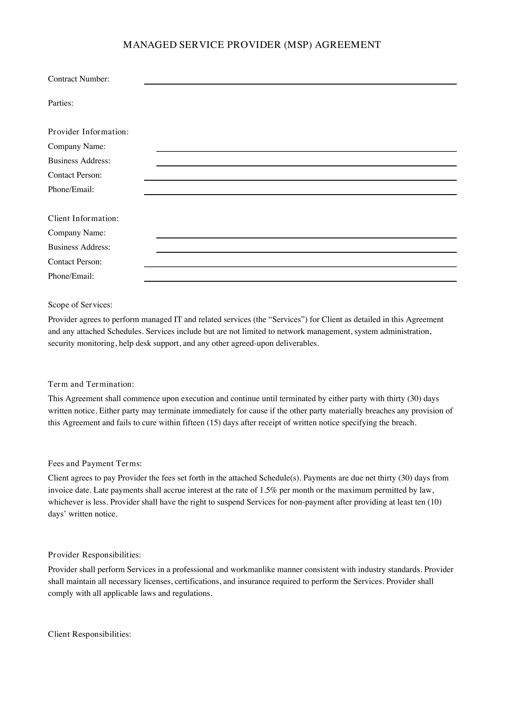 Msp Contract Template - US