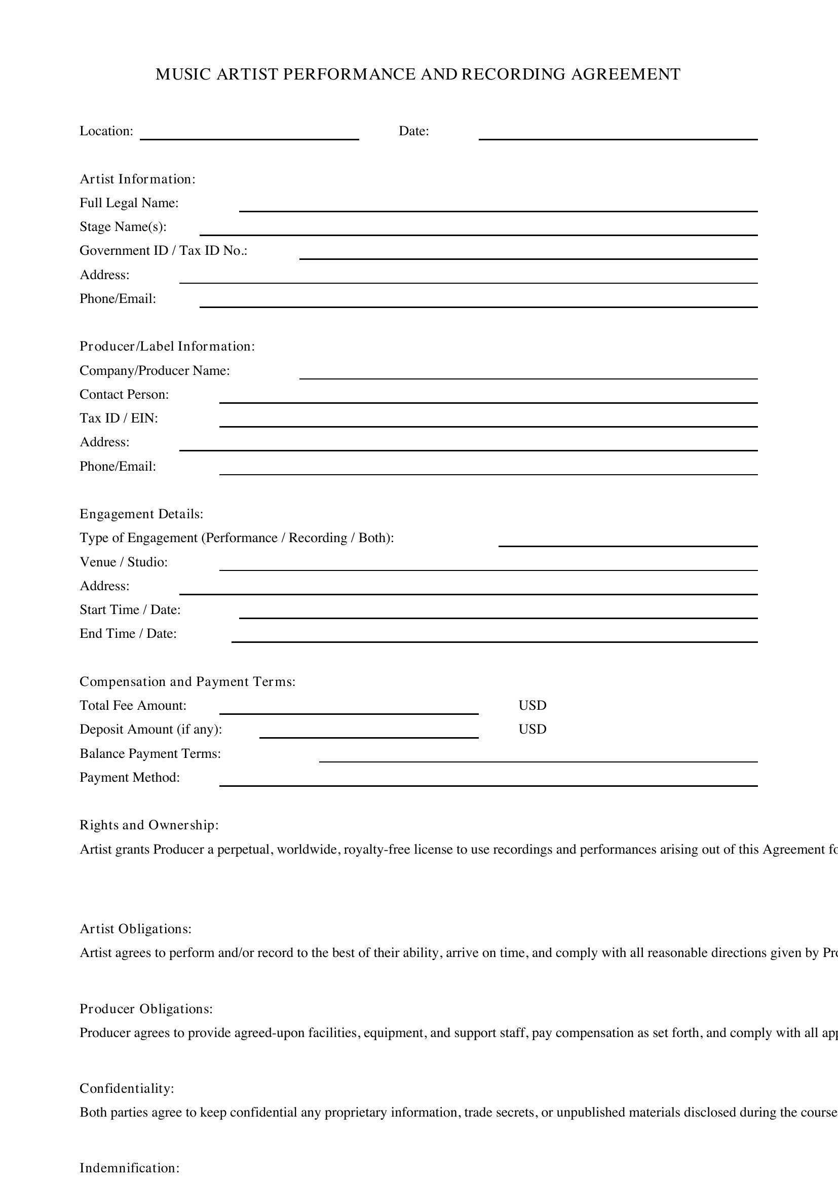 Music Artist Contract Template - US