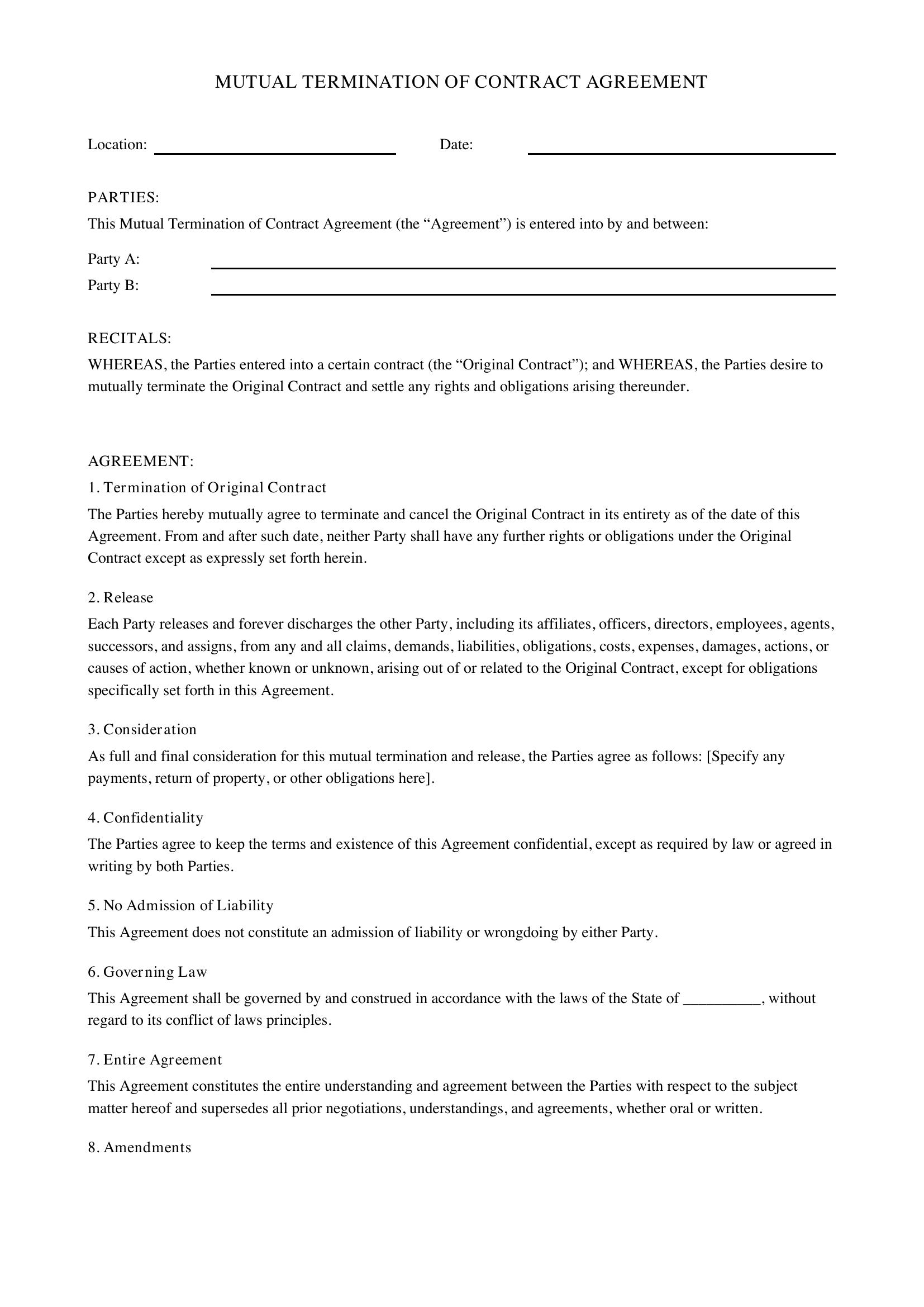 Mutual Termination Of Contract Template - US