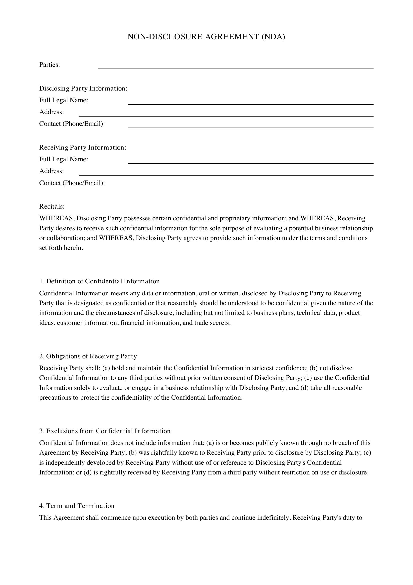 Nda Contract Template - US