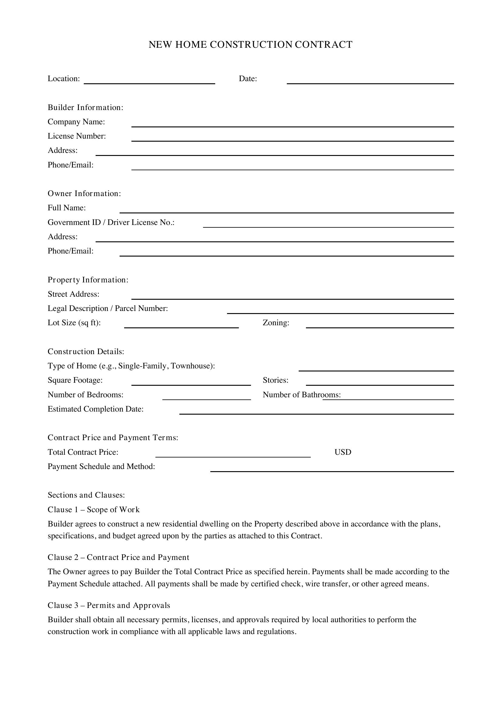 New Home Construction Contract Template - US