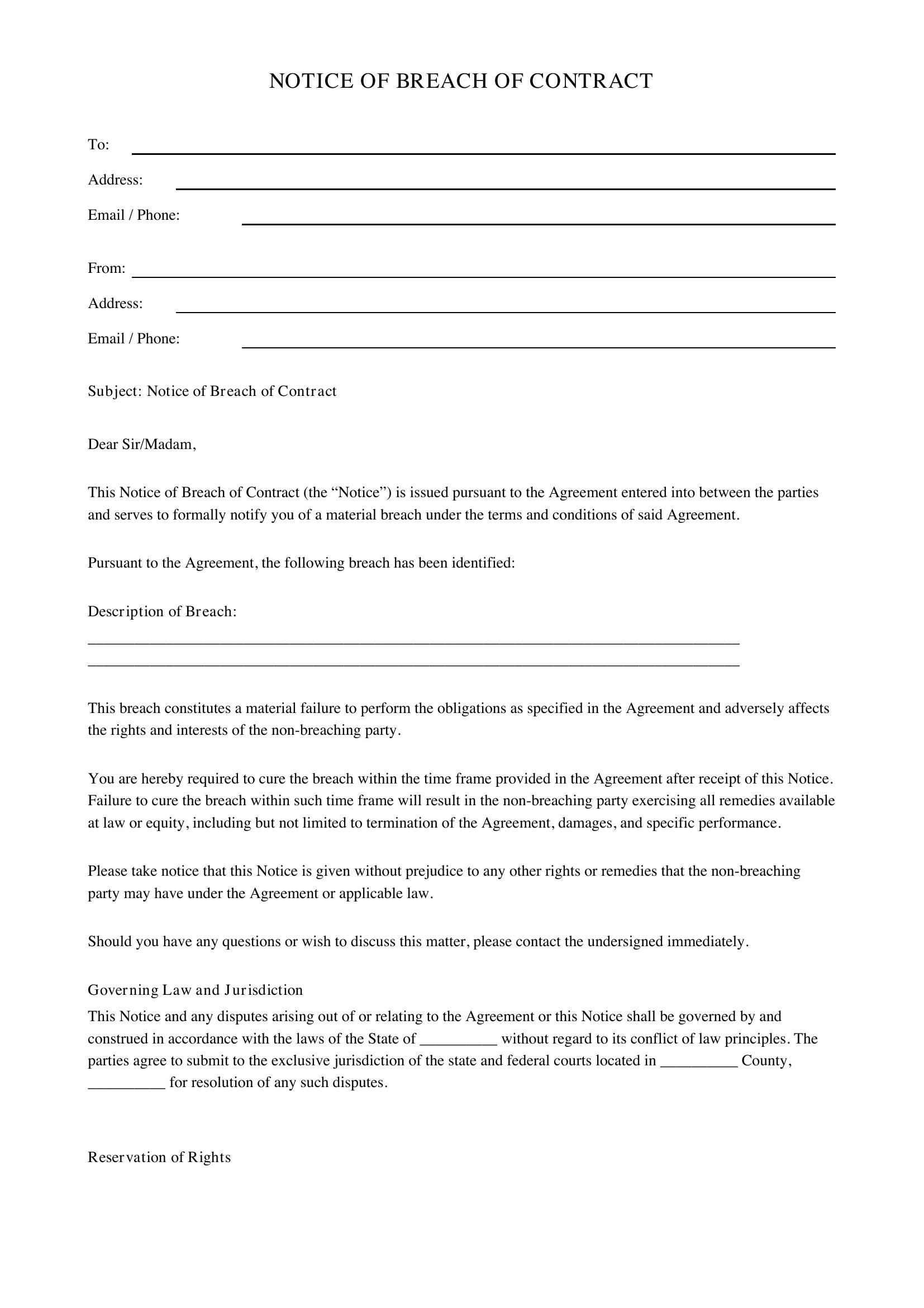 Notice Of Breach Of Contract Template - US