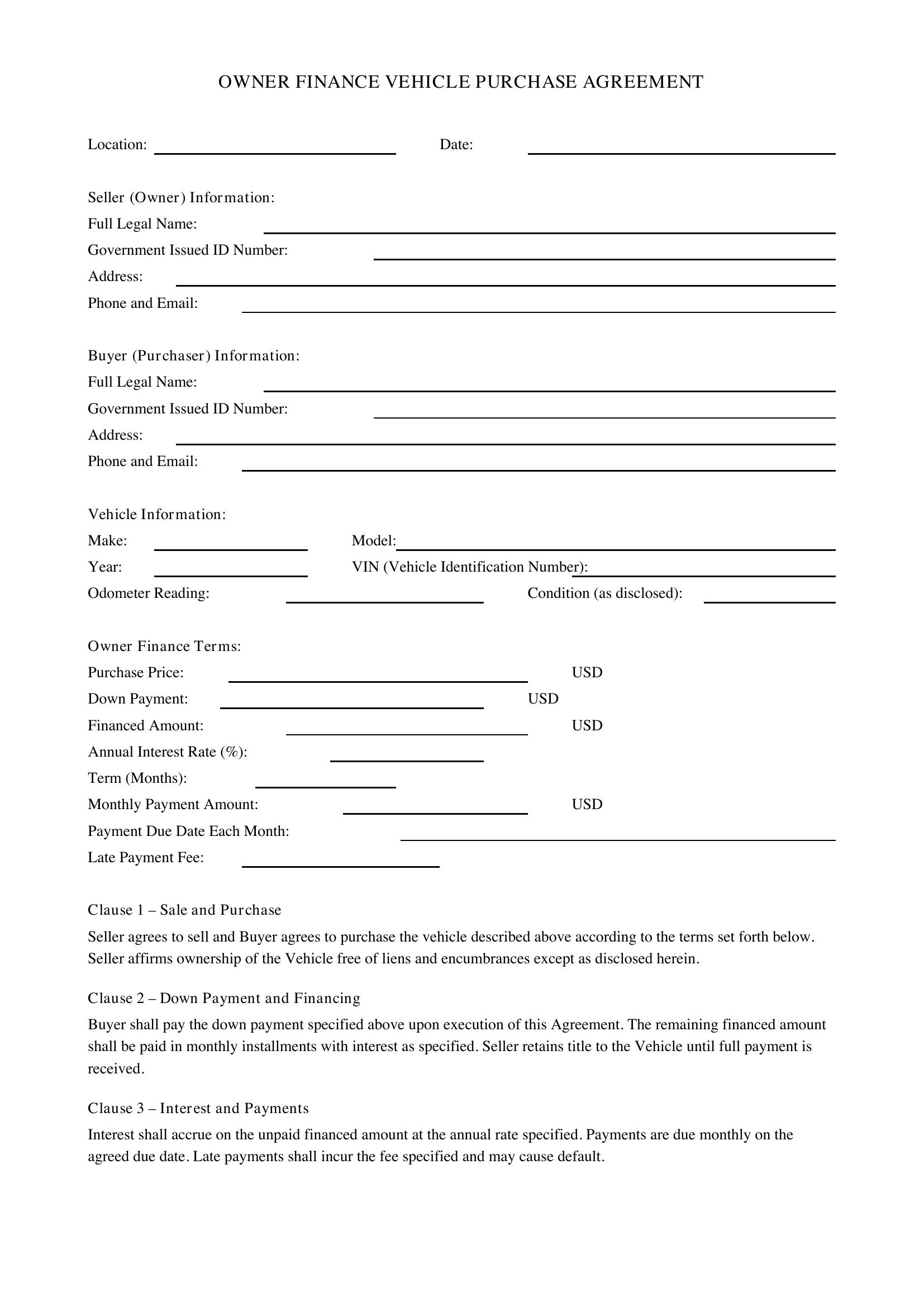 Owner Finance Vehicle Contract Template - US