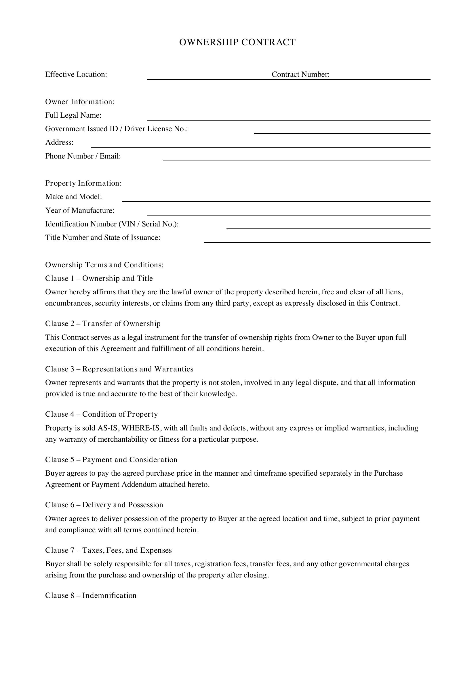Ownership Contract Template - US