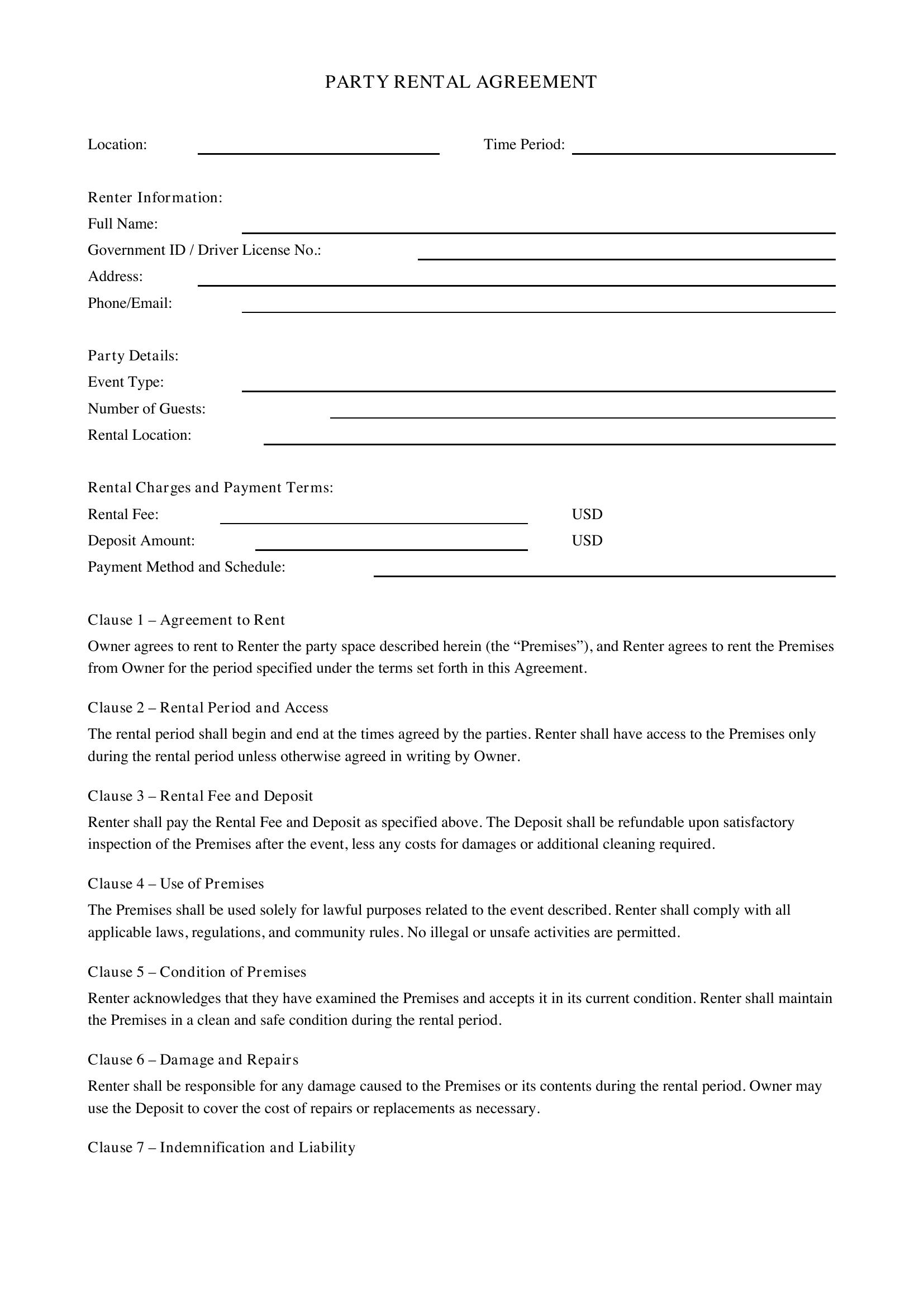 Party Rental Contract Template - US