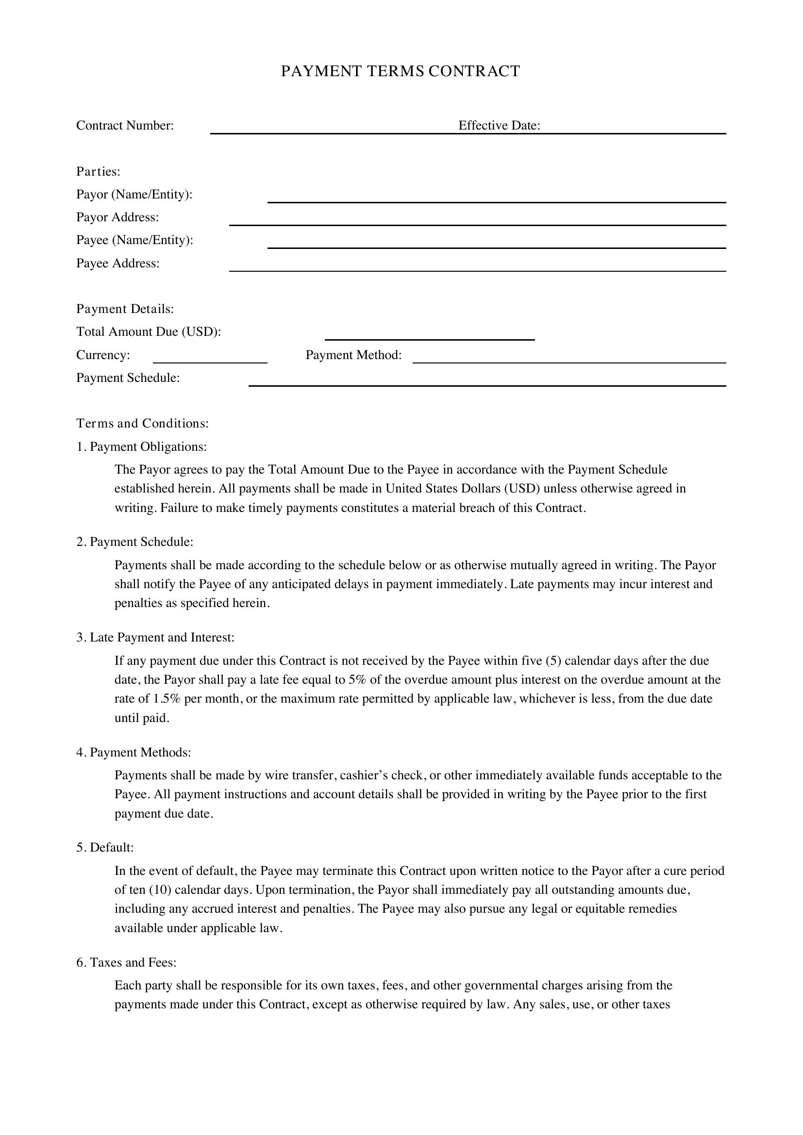 Payment Terms Contract Template - US