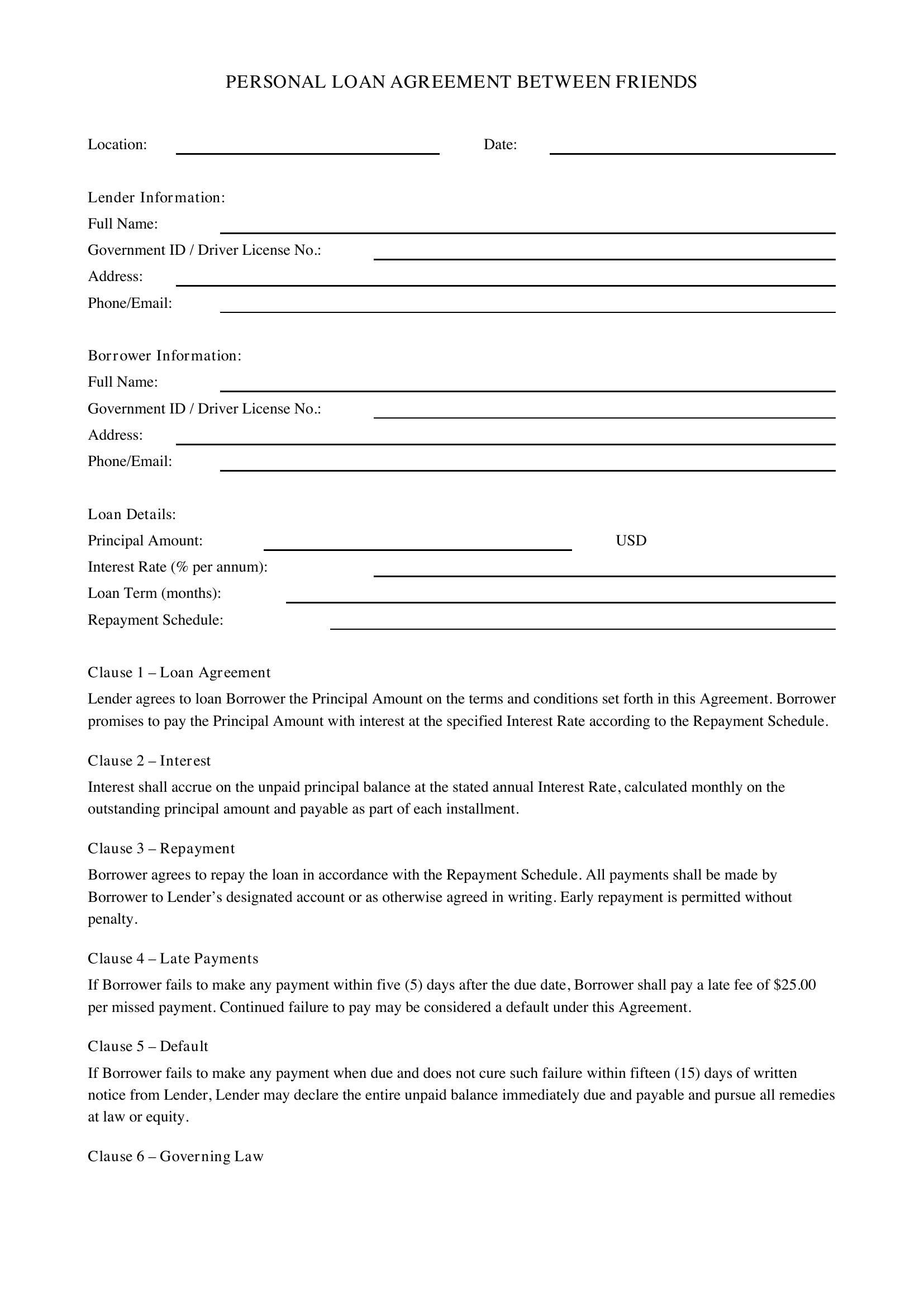 Personal Loan Between Friends Contract Template - US