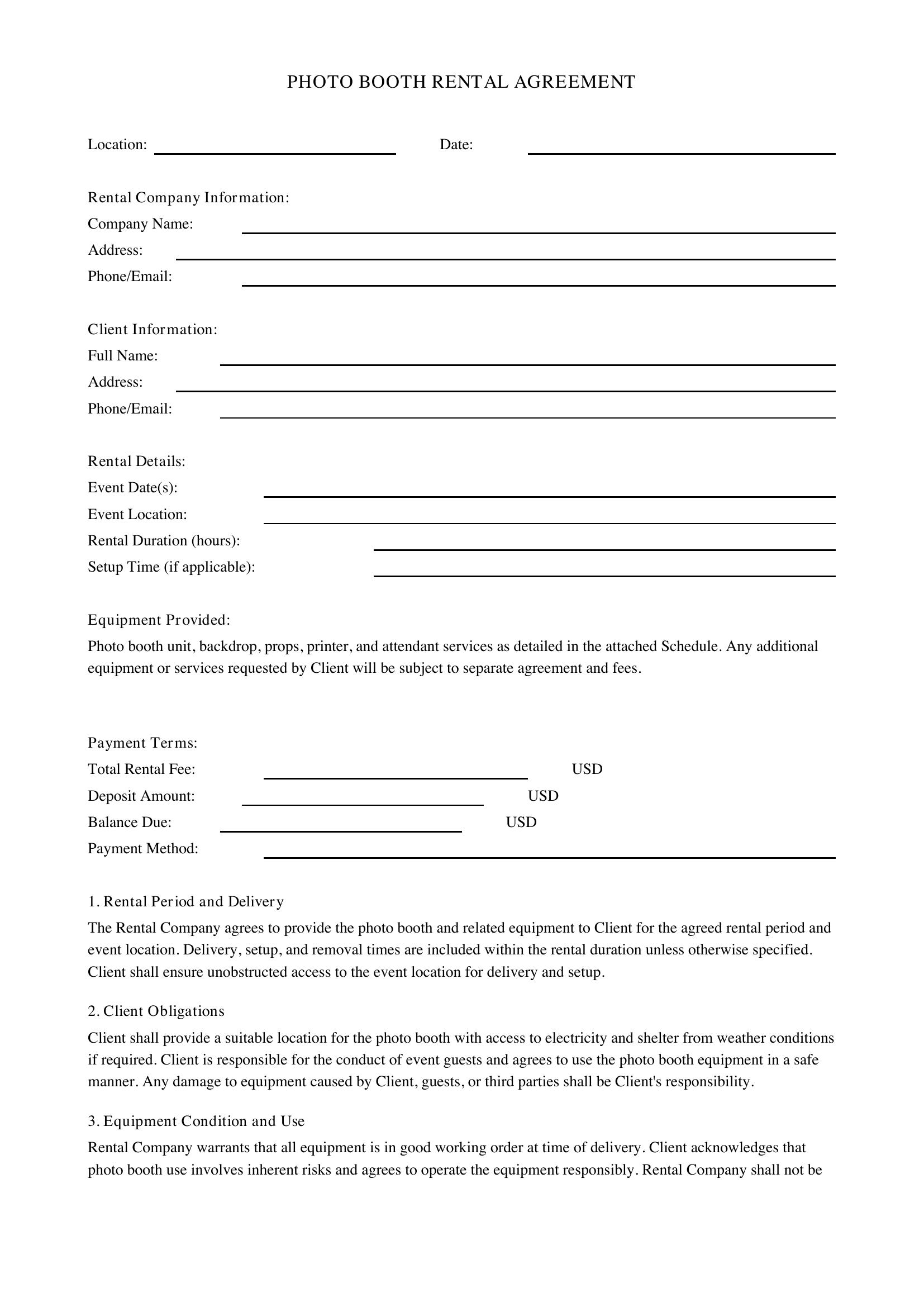 Photo Booth Rental Contract Template - US
