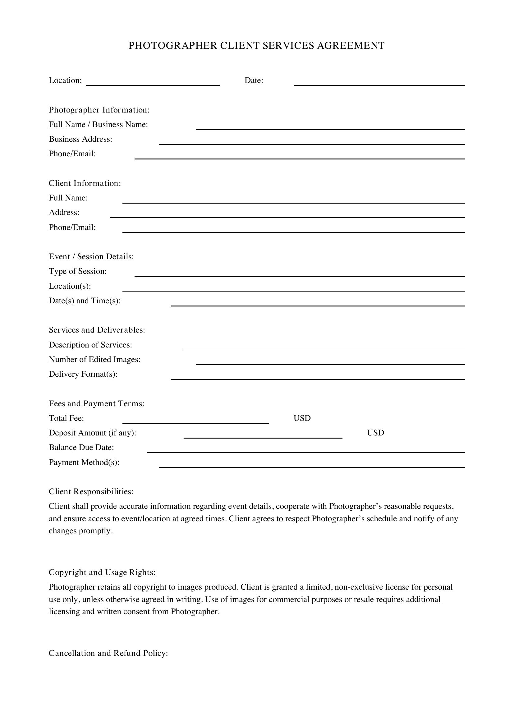 Photographer Client Contract Template - US