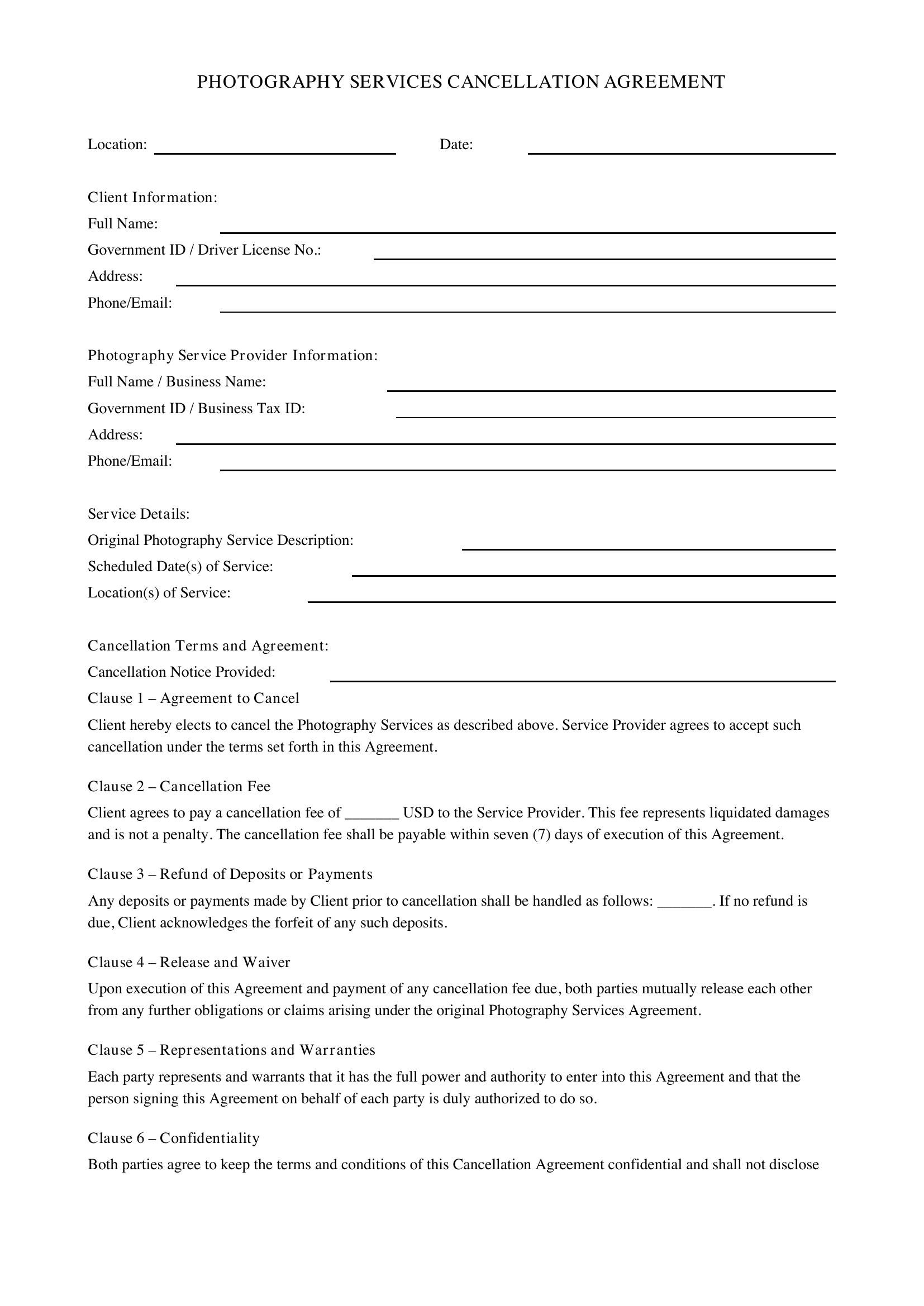 Photography Cancellation Contract Template - US